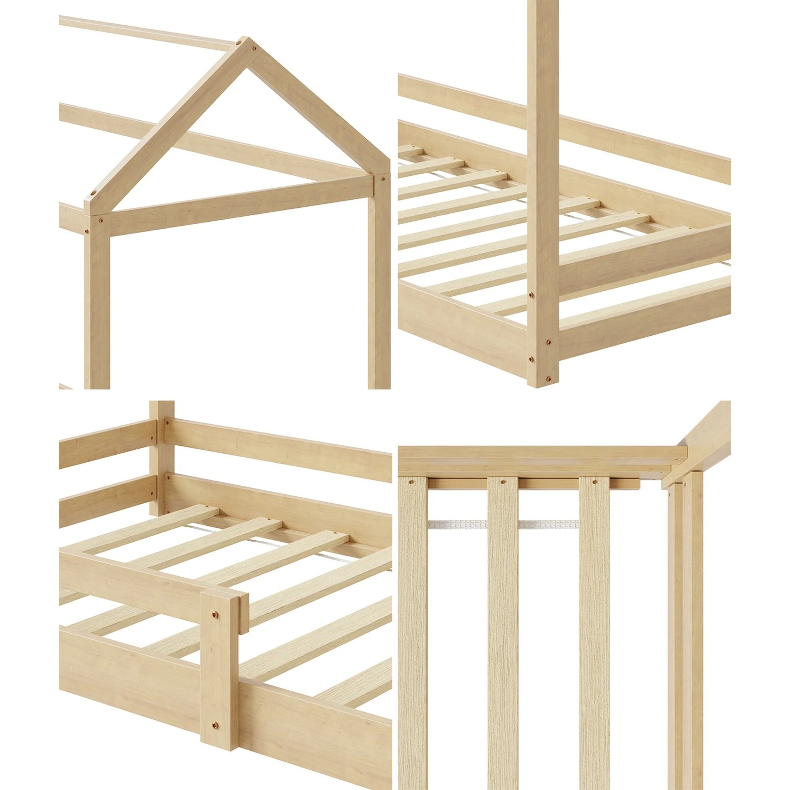 5 Oikiture Kids Wooden Bed Frame House Beds Base Timber With Fence Single
 - Natural, 5 of 10