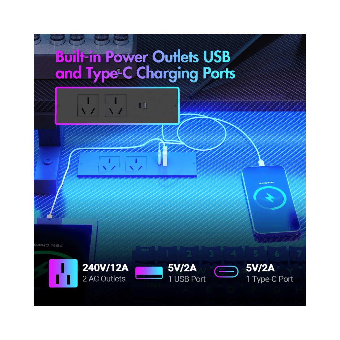 5 Advwin L Shaped Gaming Desk With Led Lights & Power Outlets 120cm - Black, 5 of 10