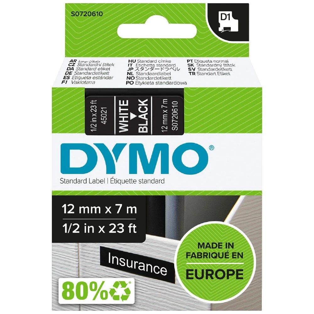 1 DYMO D1 Label Tape 12mm x 7m White on Black, 1 of 6