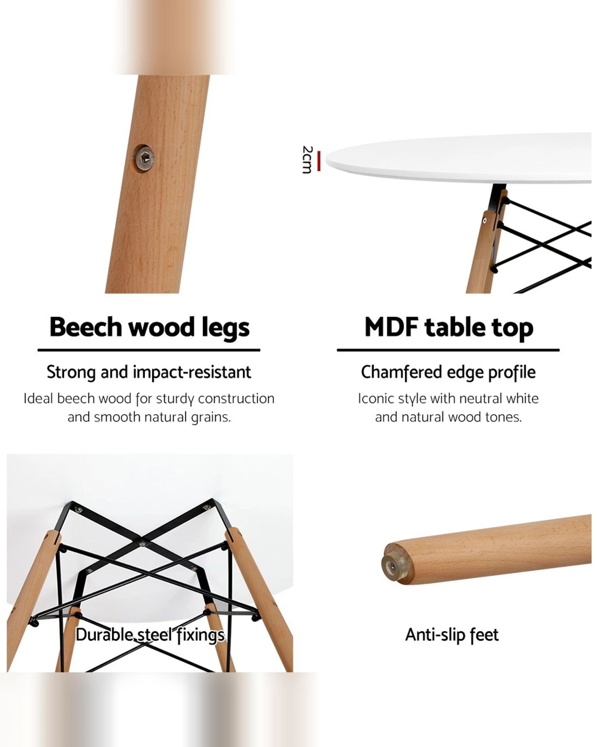 3 Artiss 90cm Round Dining Table Reinforced MDF Top Solid Beech Legs Durable Stable 4 Seater Modern Centrepiece - white, 3 of 6