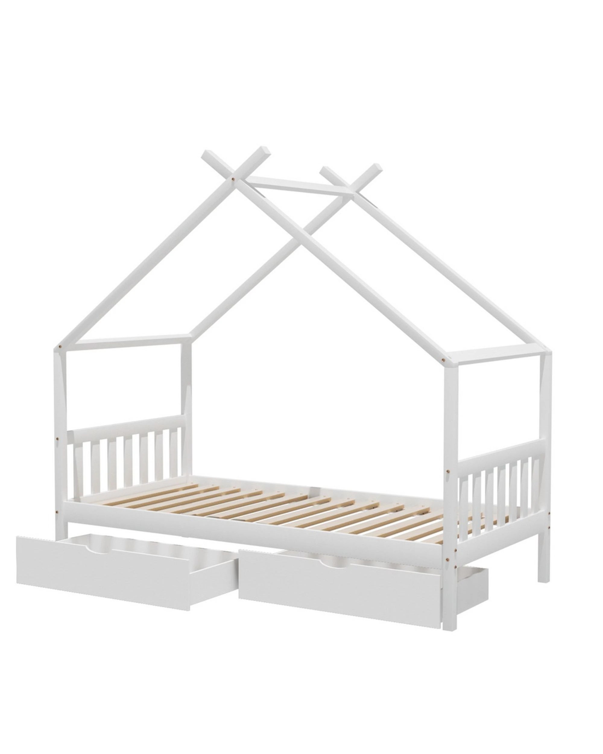 1 Artiss Bed Frame Wooden Base Kids Single Timber House  with 2 Storage Drawers - White, 1 of 5