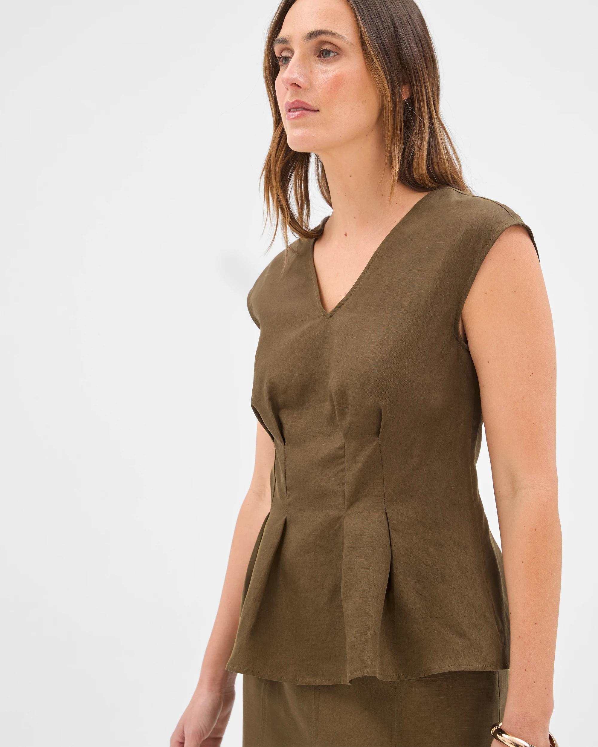 3 Preview Tania Sleeveless Tuck Waist V-Neck Tunic Top KHAKI OLIVE, 3 of 7