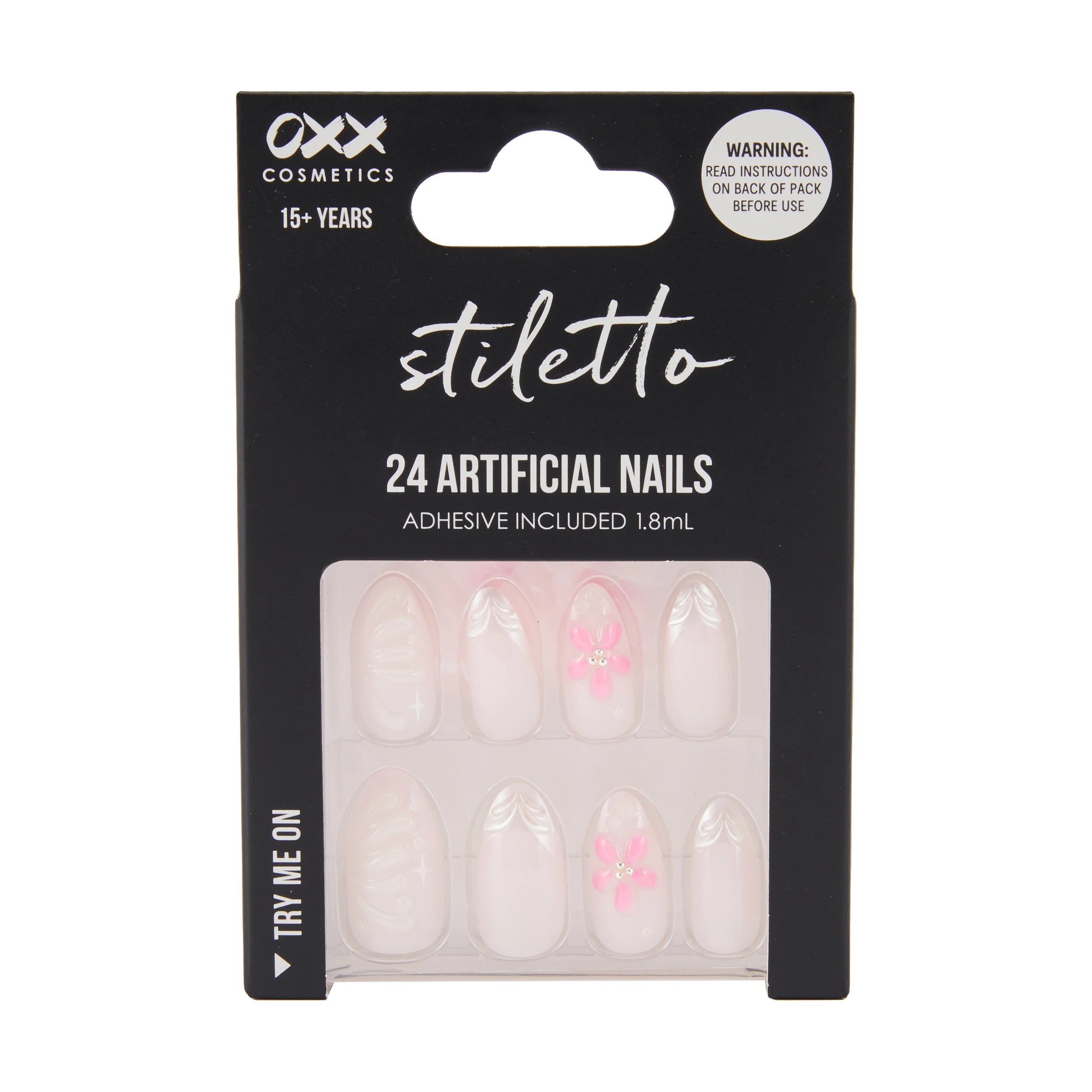 1 OXX Cosmetics 24 Pack Artificial Nails with Adhesive - Stiletto Shape, 3D French Tip, 1 of 4