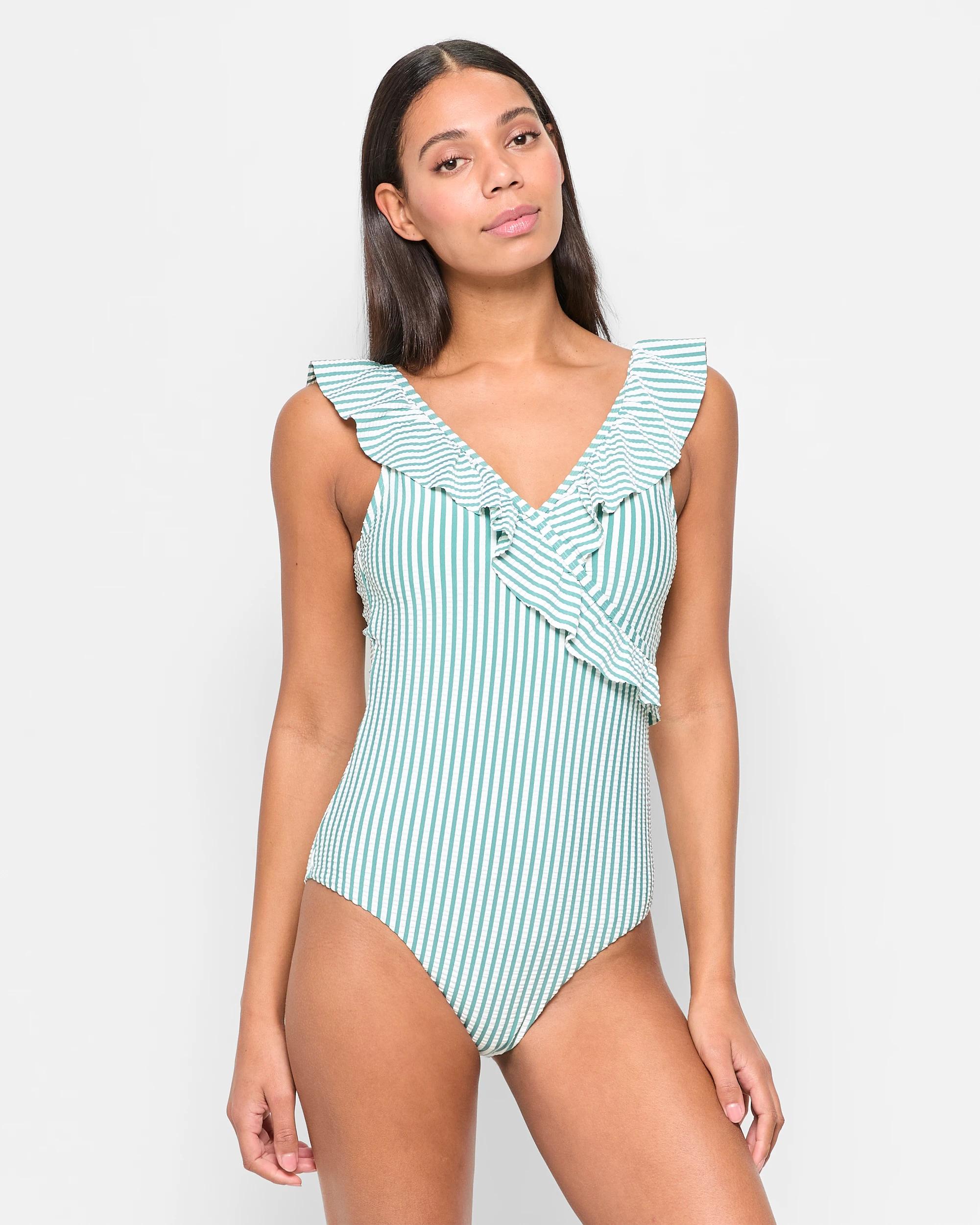 1 Target Resort Seersucker Frill Wrap One Piece Bathers - Shape Your Body SAGE/WHITE STRIPE, 1 of 5