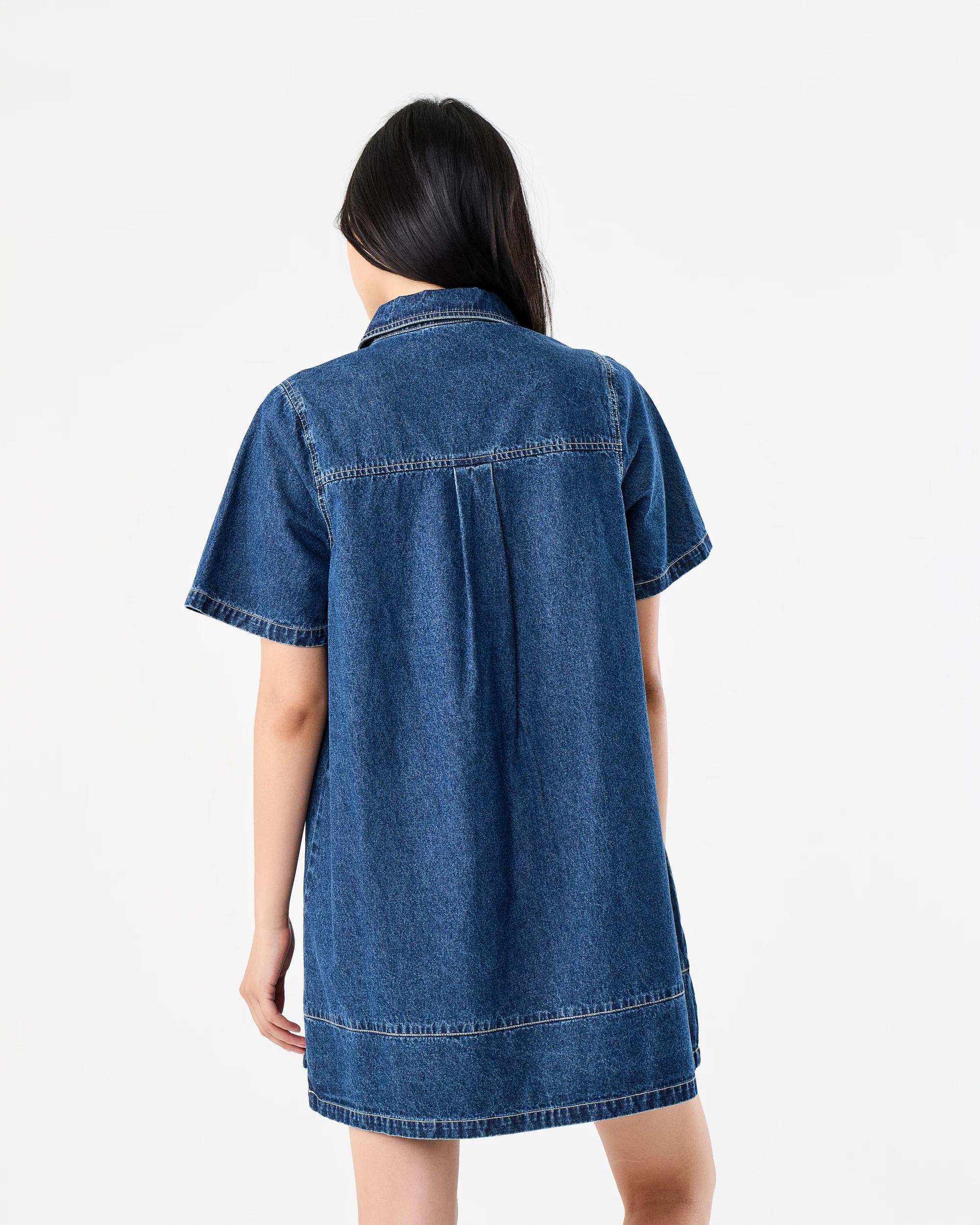 3 Short Sleeve Embroidered Denim Shirt Mini Dress Dark Wash, 3 of 8