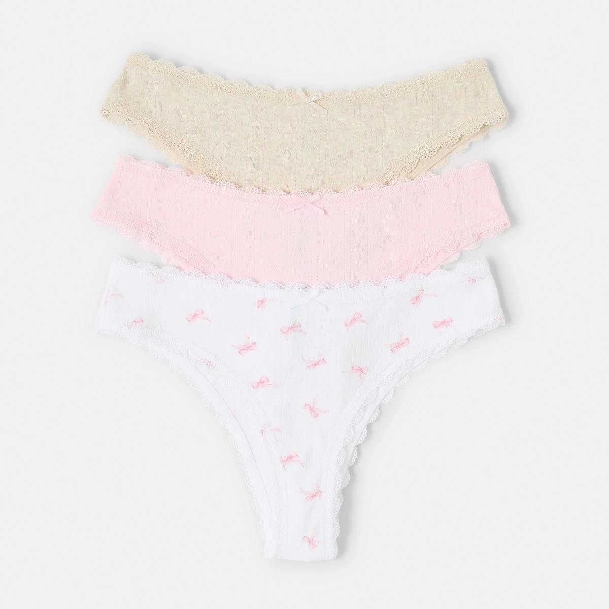 1 3 Pack Pointelle Cheeky Bikini Briefs Pink Bows, 1 of 10