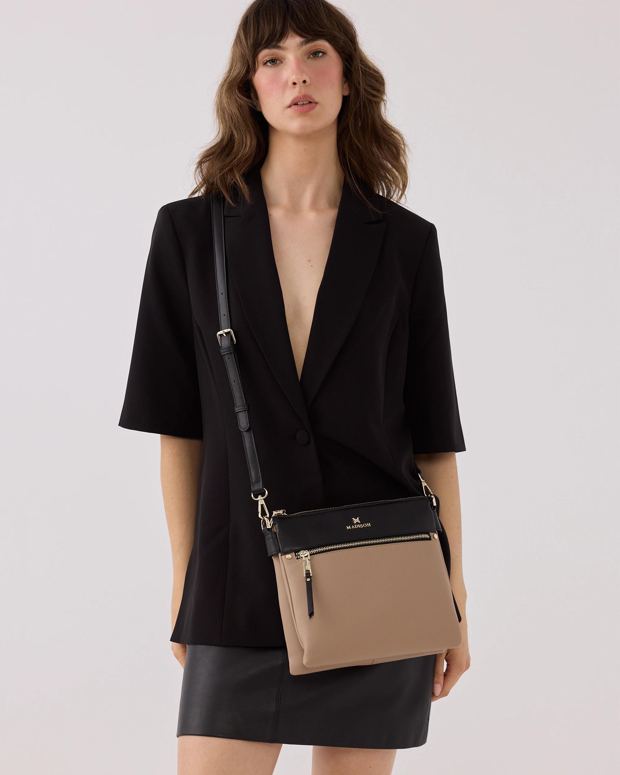 2 Madison Accessories Renee Zip Top 2 Compartment Crossbody TAUPE-BLACK LT GOLD, 2 of 7