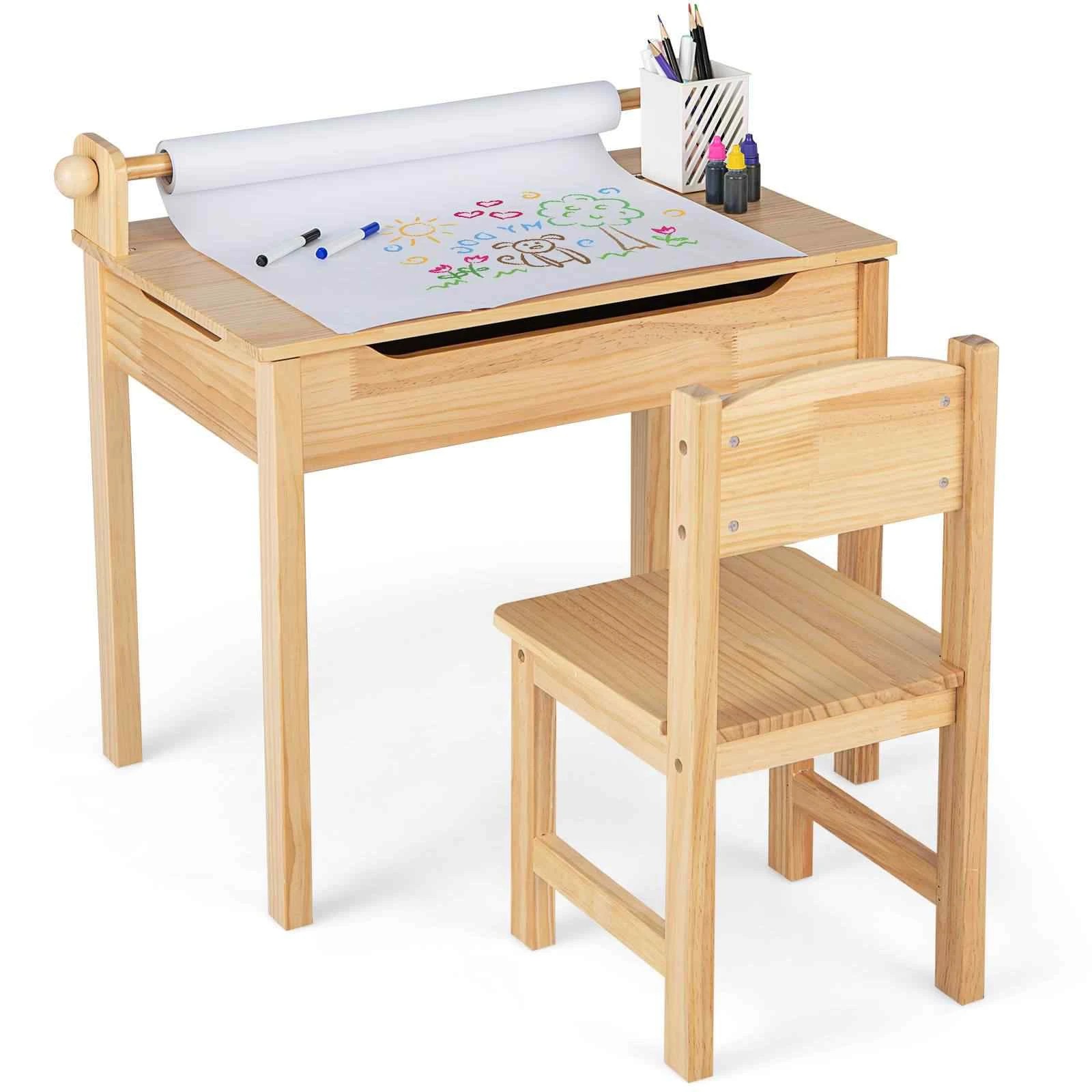 1 Costway Table Chair Set Activity Play Study Drawing Desk - Natural, 1 of 1