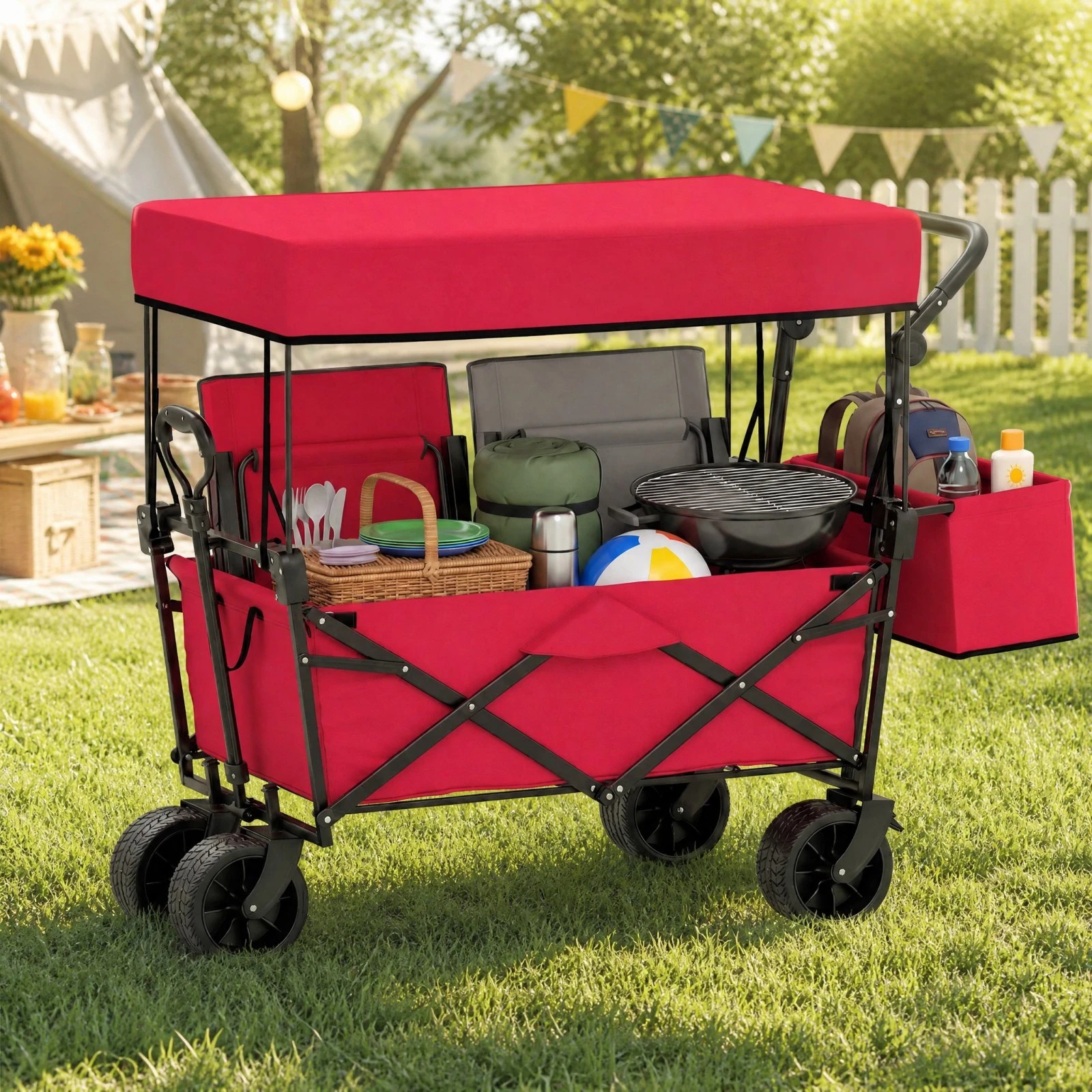 1 Costway Folding Wagon Garden Cart Utility Trolley Outdoor Top Canopy Trailer w/Adjustable Handles - Red, 1 of 5