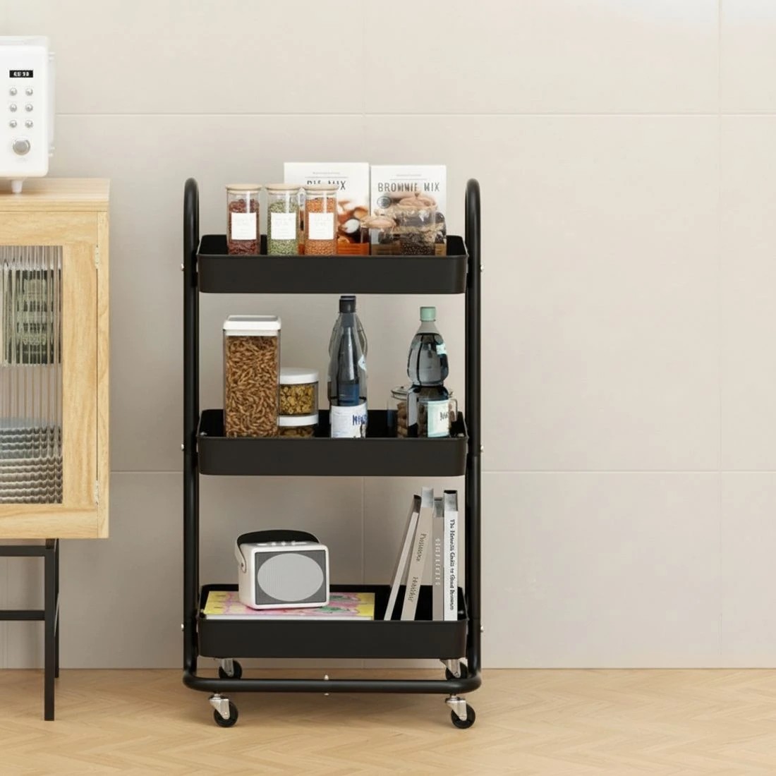 4 Artiss Storage Trolley Kitchen Cart 3 Tiers Rack Shelf Organiser Wheels - Black, 4 of 4