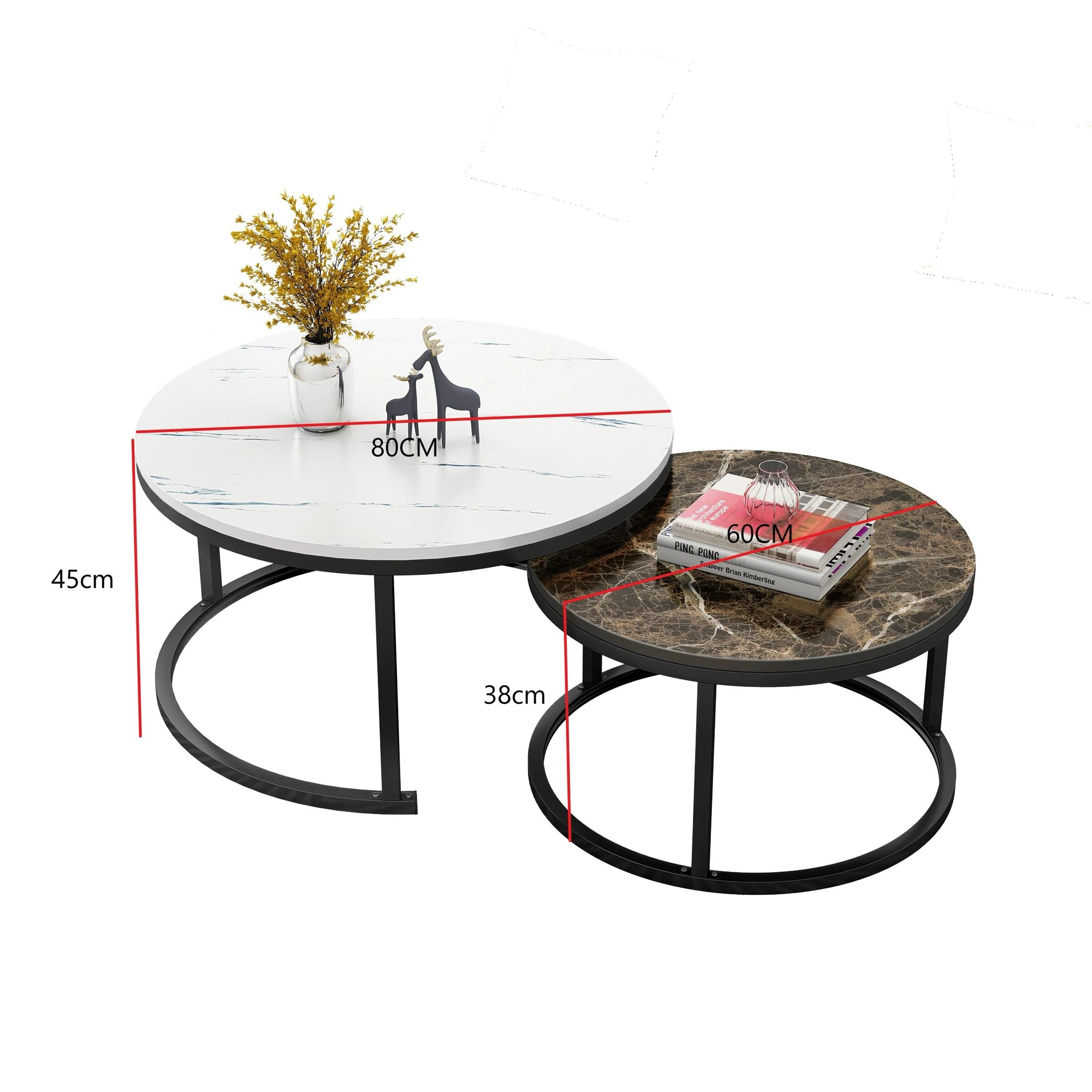 3 Foret Coffee Table Nesting Side 2pc Set 80cm Tea Marble Tempered Glass Brown White, 3 of 6
