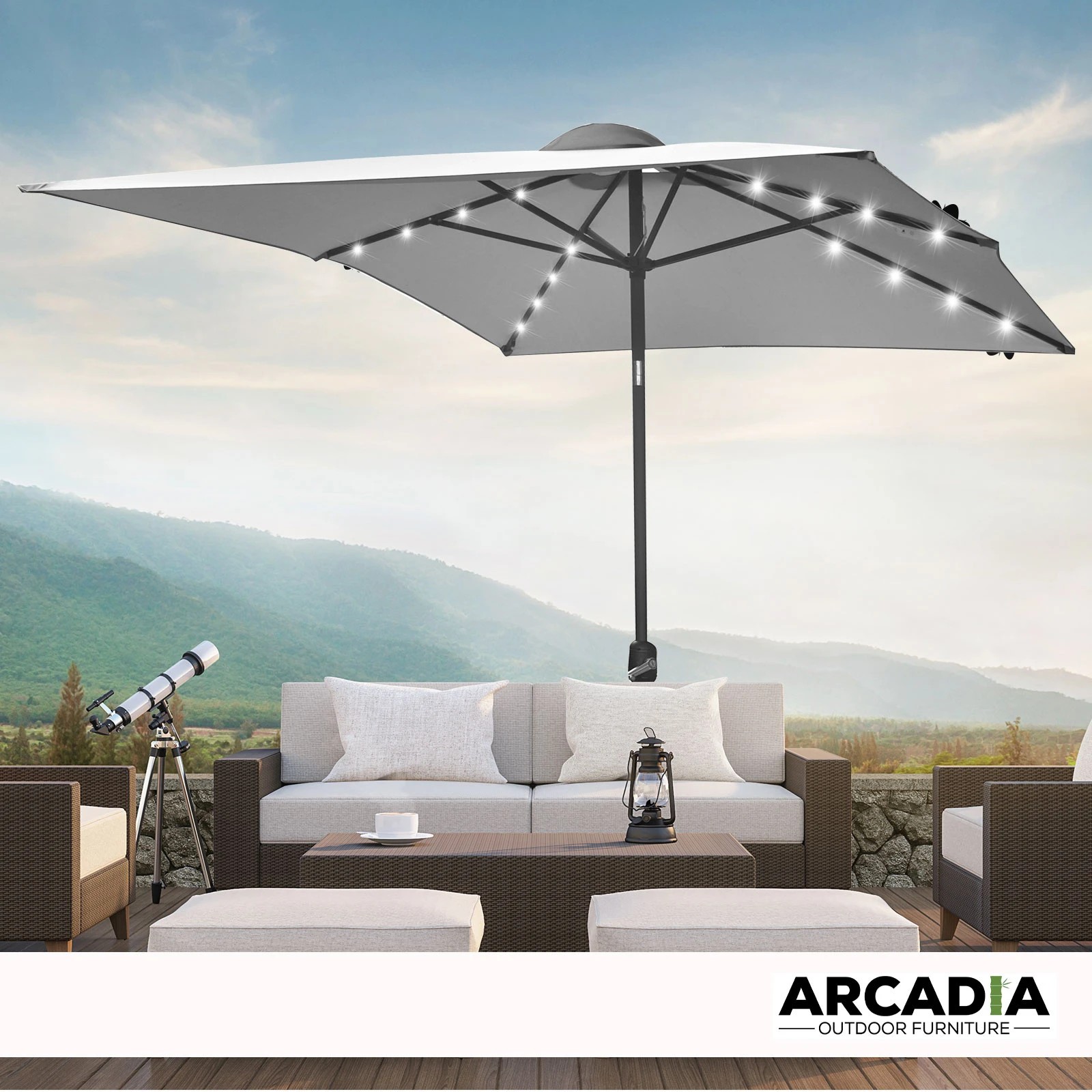 2 Arcadia Furniture Umbrella 3 Metre Umbrella with Solar LED Lights Garden Yard - Grey, 2 of 10
