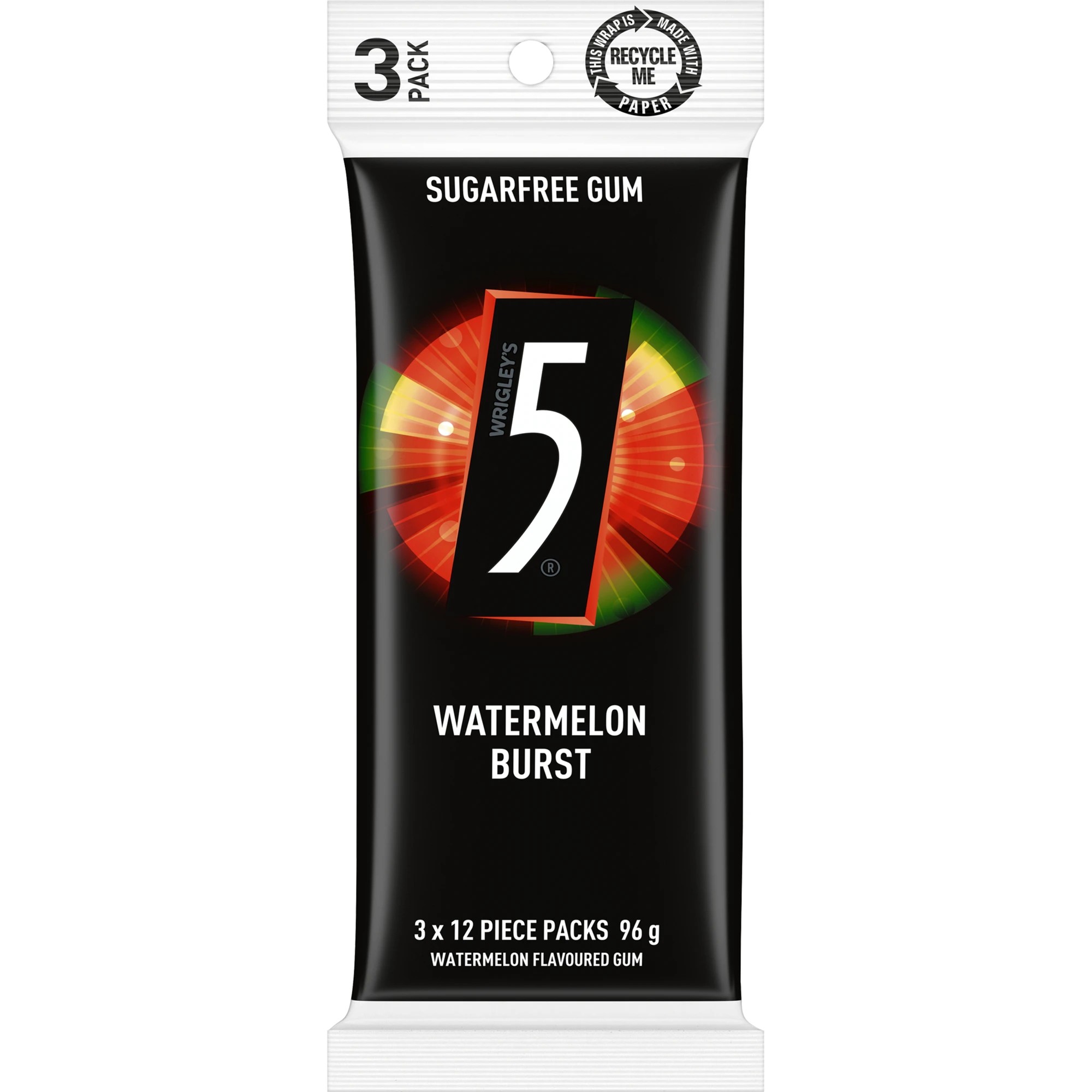 1 Wrigley's 3 Pack 5 Watermelon Burst Sugarfree Gum 96g, 1 of 4