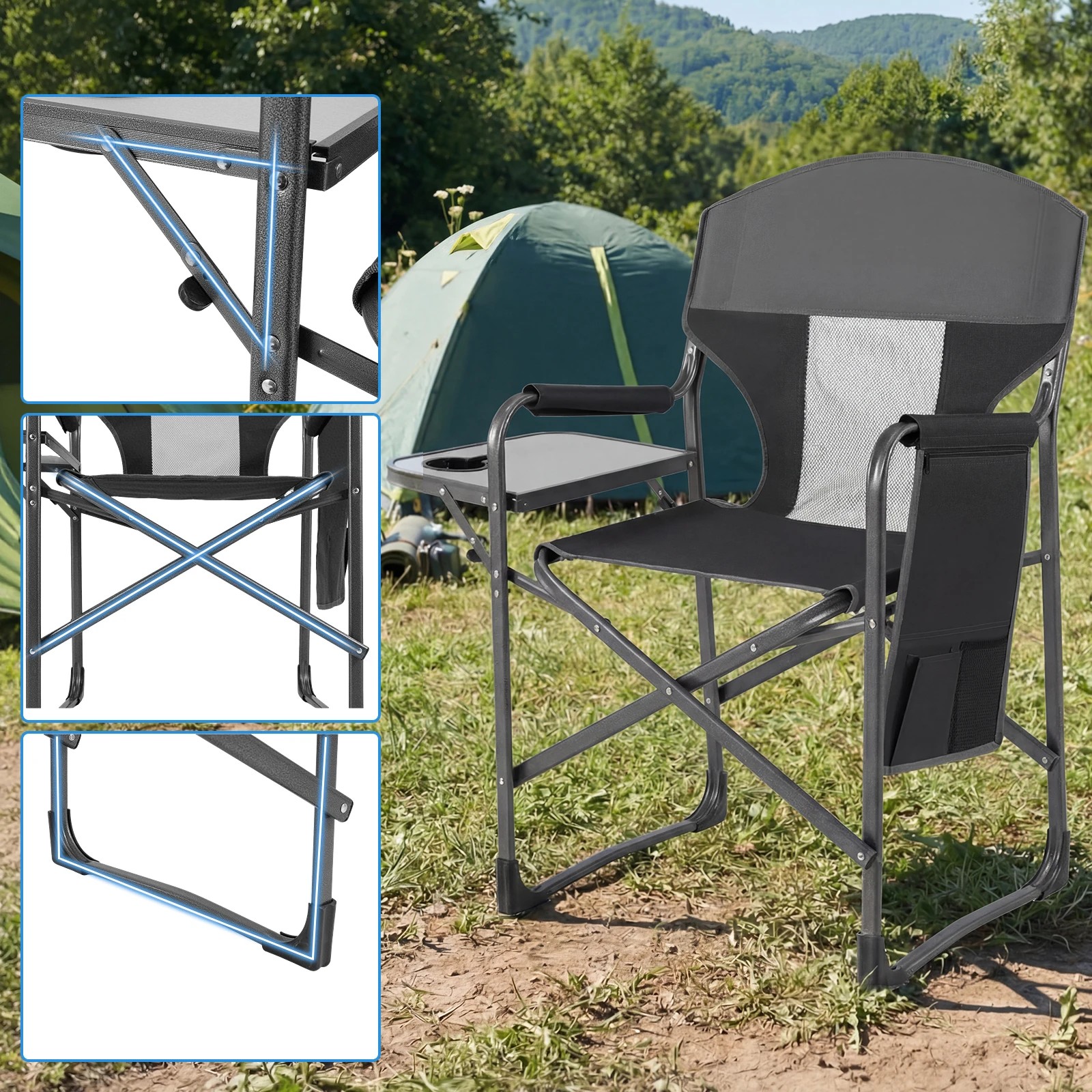 4 Costway Folding Camping Chair Oversize Padded Portable Directors Chair w/Side Table - Black, 4 of 6