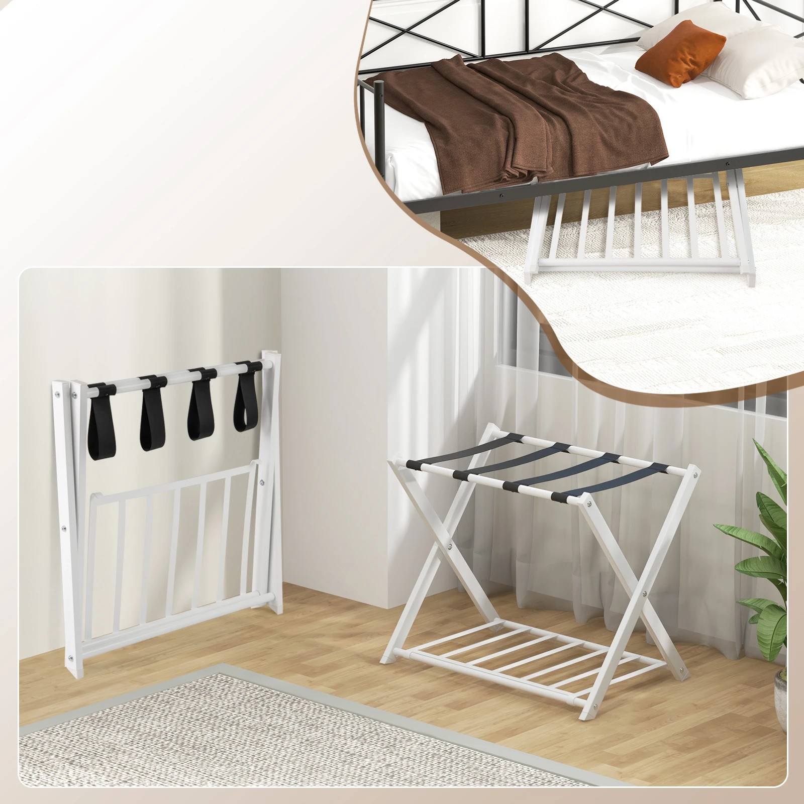 2 Costway 2x Folding Iron Luggage Rack Suitcase Stand w/Shelf Bag Suitcase Storage - White, 2 of 4