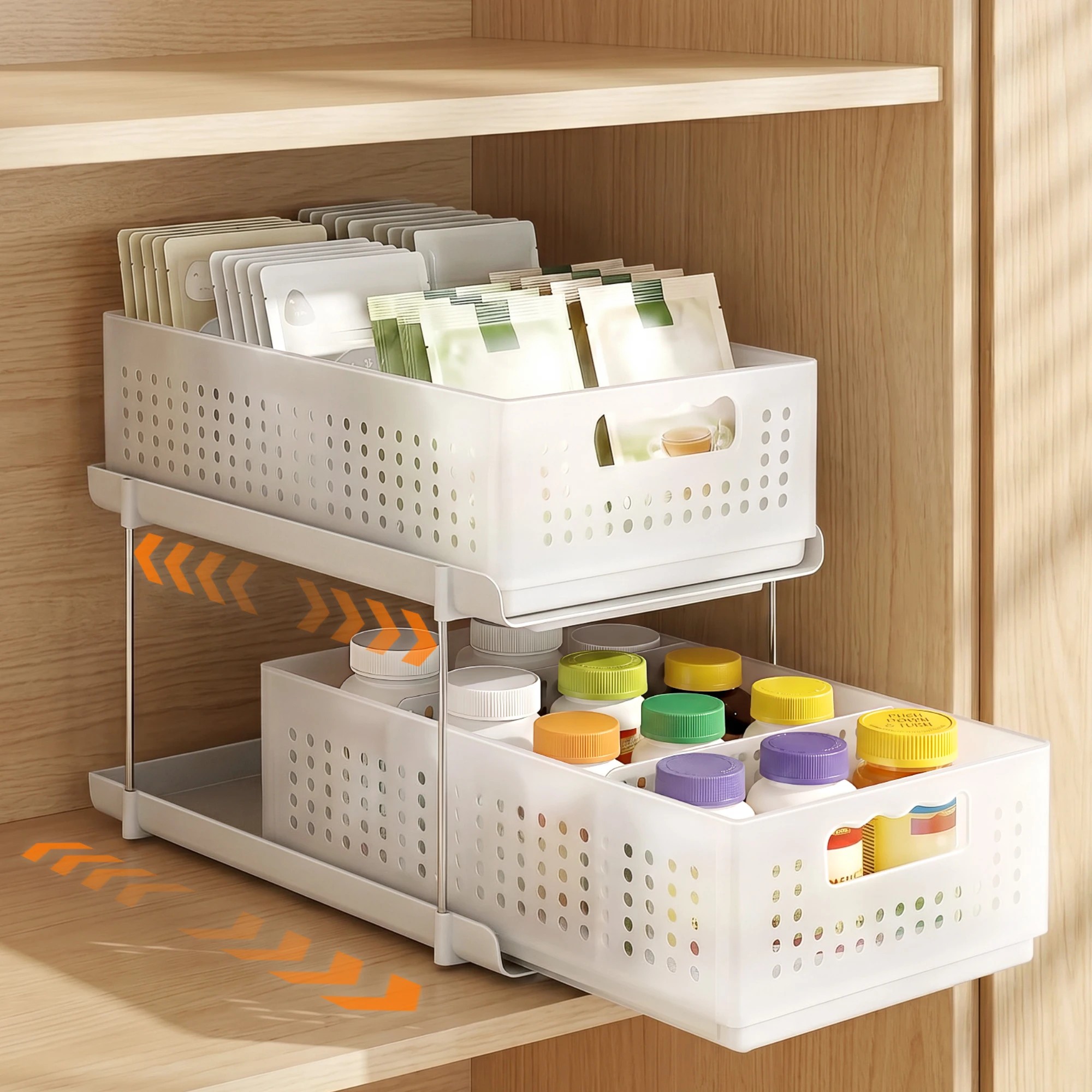 7 Artiss Under Sink Organizer 2 Tier Pull Out Drawer with Removable Baskets & Divider - White, 7 of 7