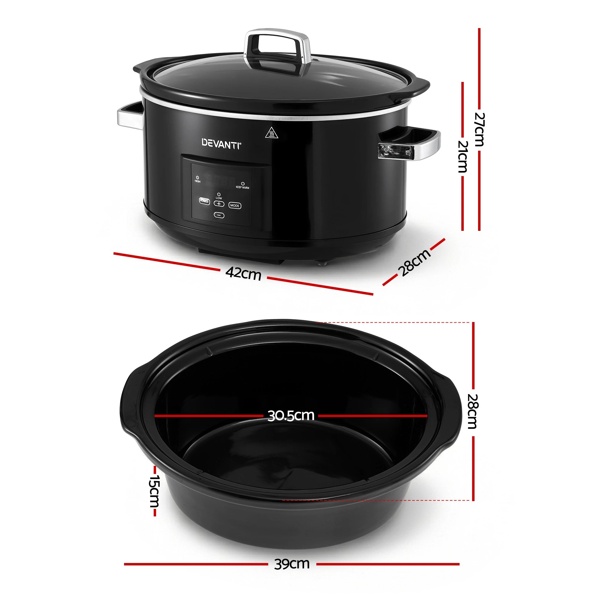 1 Devanti 8L Slow Cooker Electric Multi Cooker with 3 Heat Settings and Keep Warm - Black, 1 of 9