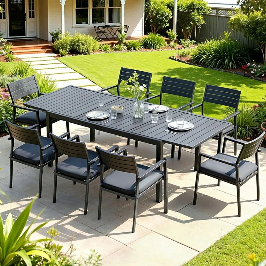 6 Gardeon Outdoor Dining Set 9PCS Aluminum Extendable Table Chairs Patio Furniture - Black, 6 of 6