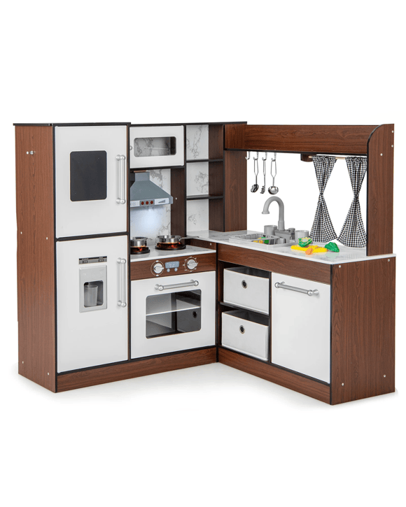 Costway Wooden Corner Play Kitchen Pretend Play Toy - Brown