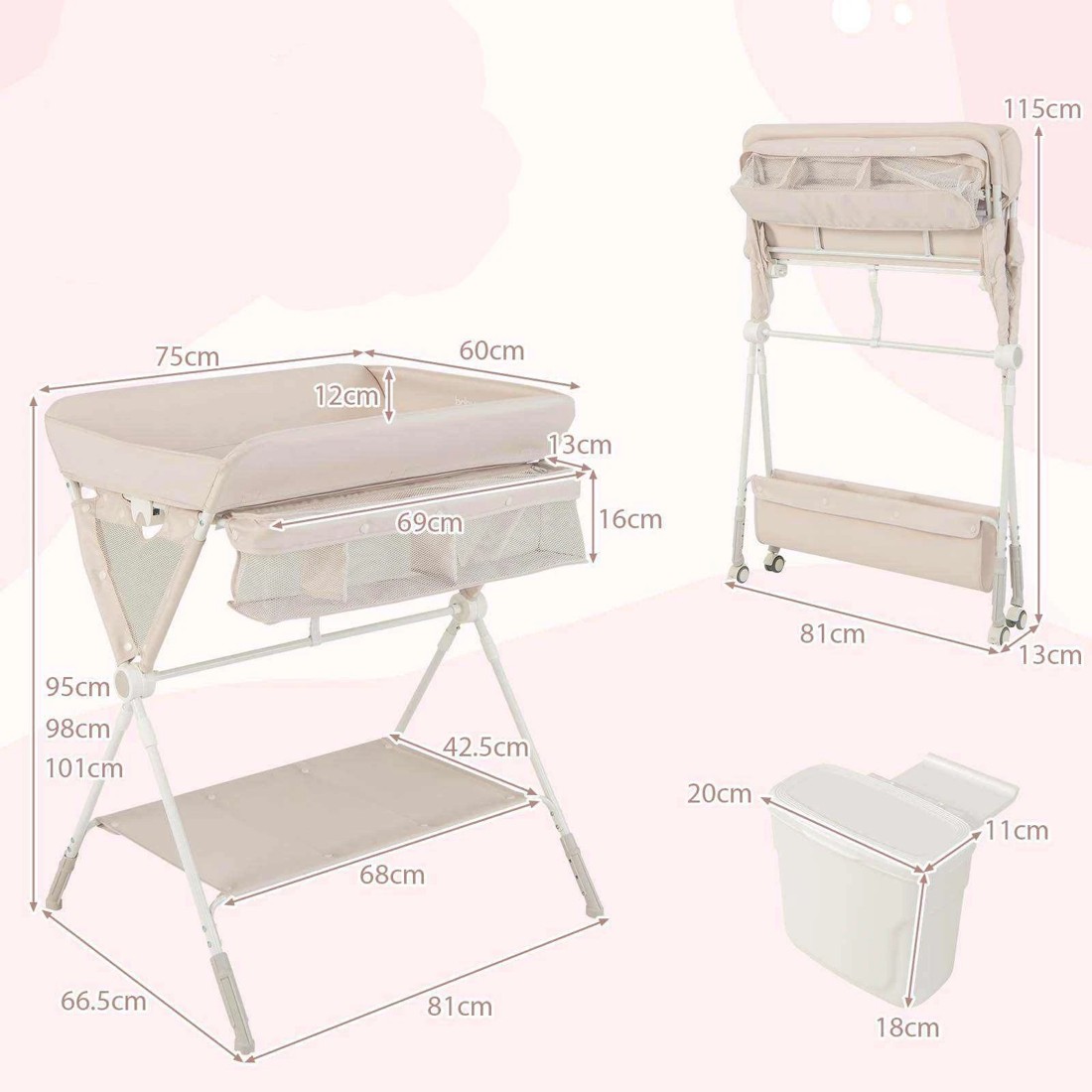 2 Costway Foldable Changing Table Diaper Organizer w/Wheels - Beige, 2 of 3