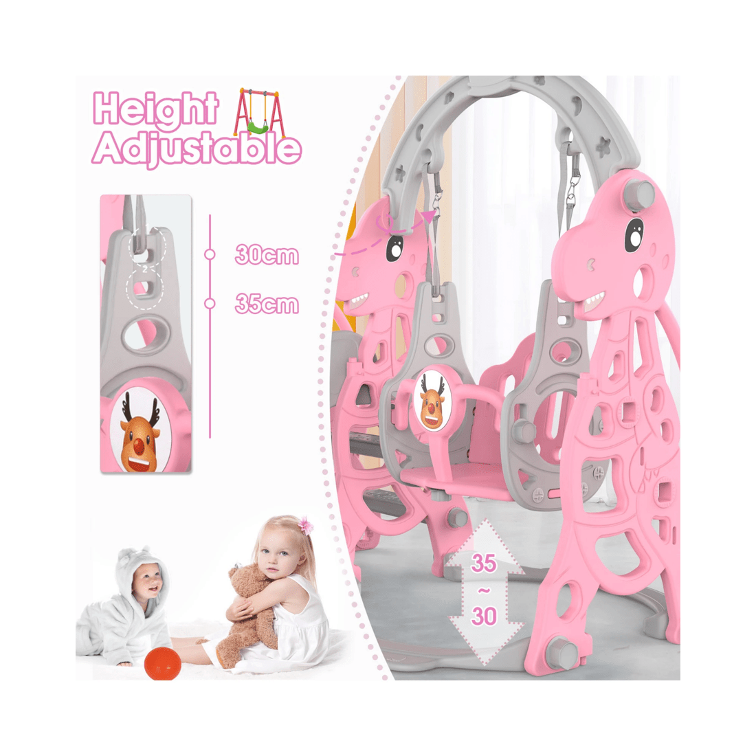 6 Advwin 4-in-1 Kids Slide Swing Set with Basketball Hoop Pink, 6 of 8