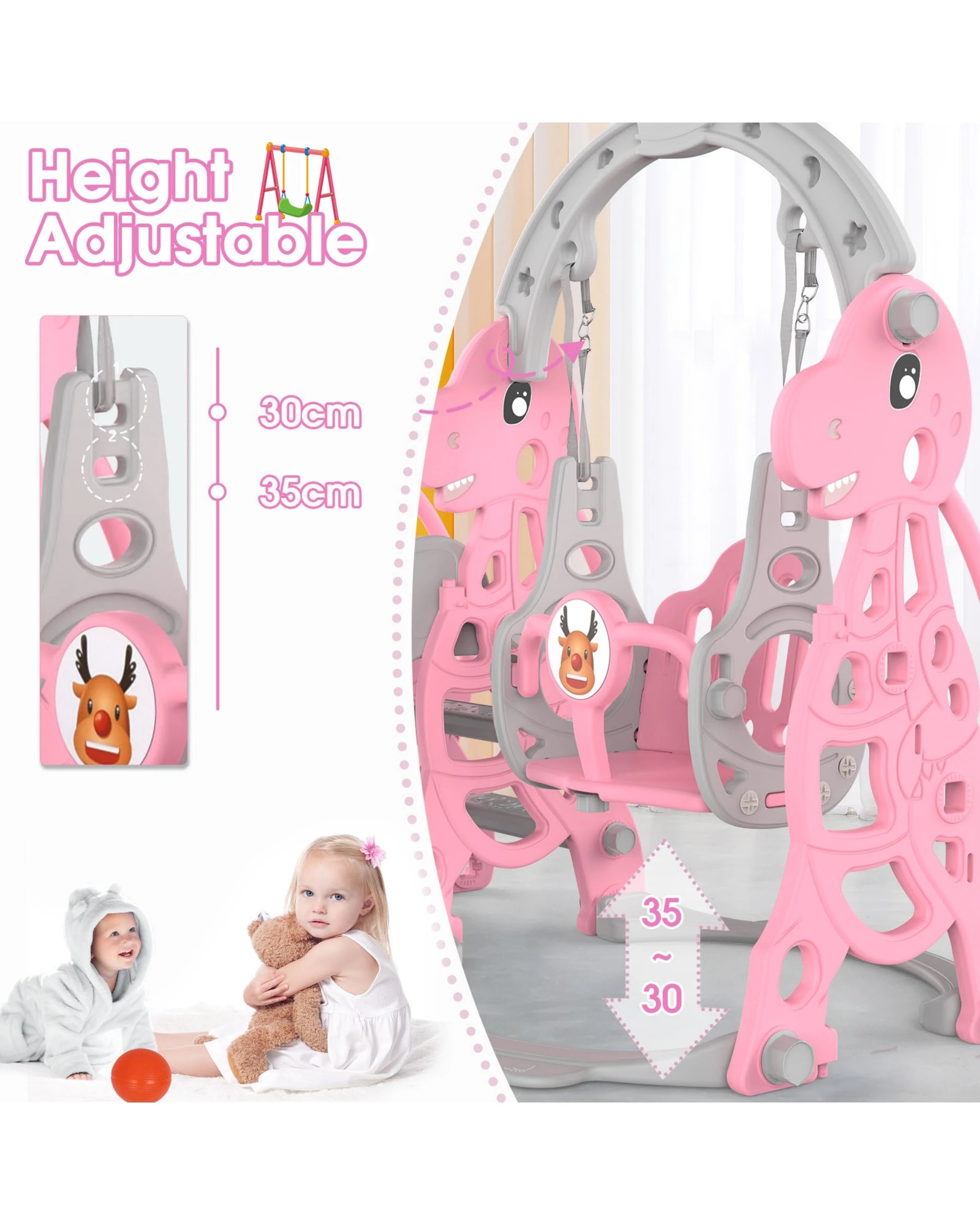 6 Advwin 4-in-1 Kids Slide Swing Set with Basketball Hoop Pink, 6 of 8