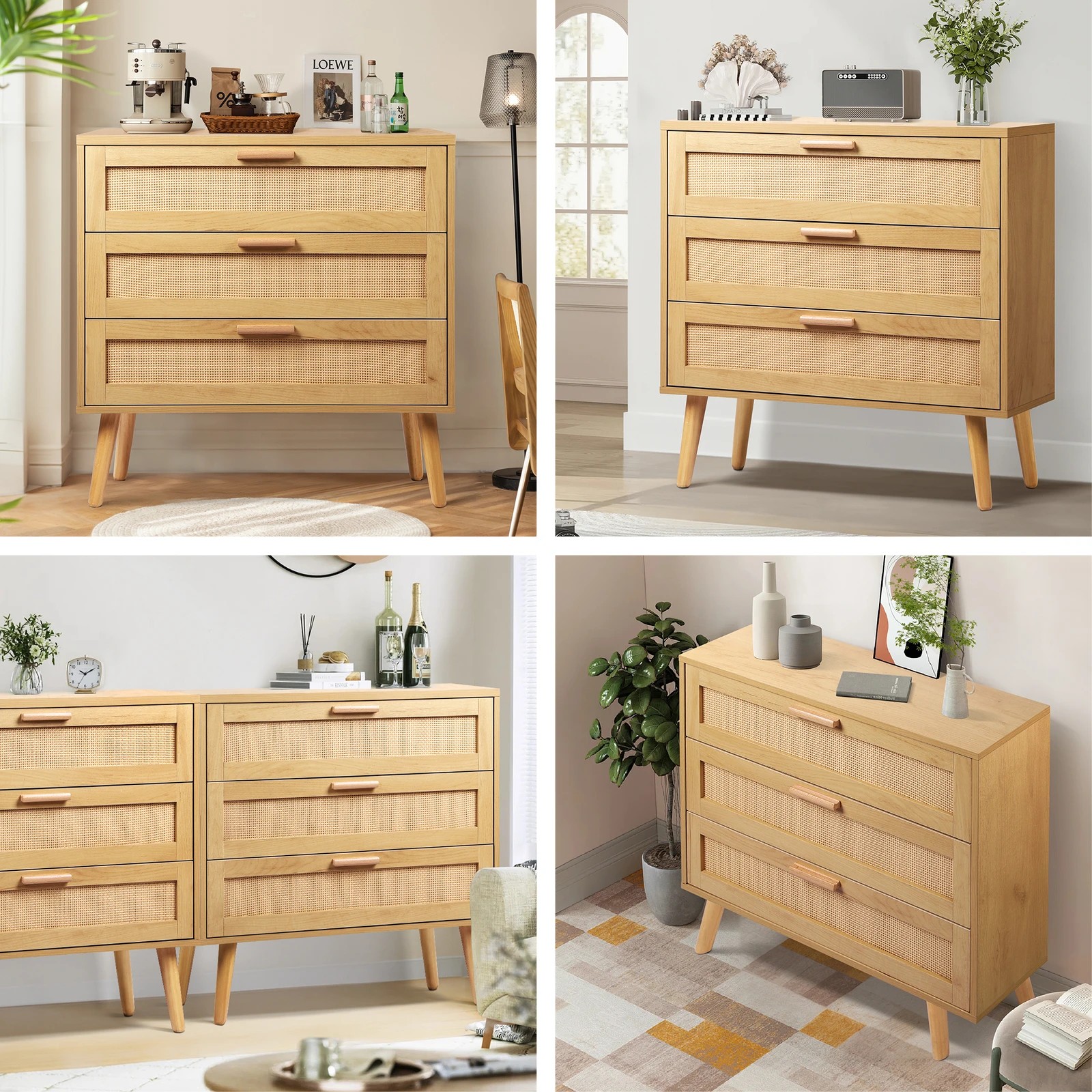 3 Alfordson 3 Chest of Drawers Rattan Cabinet Dresser - Oak, 3 of 8