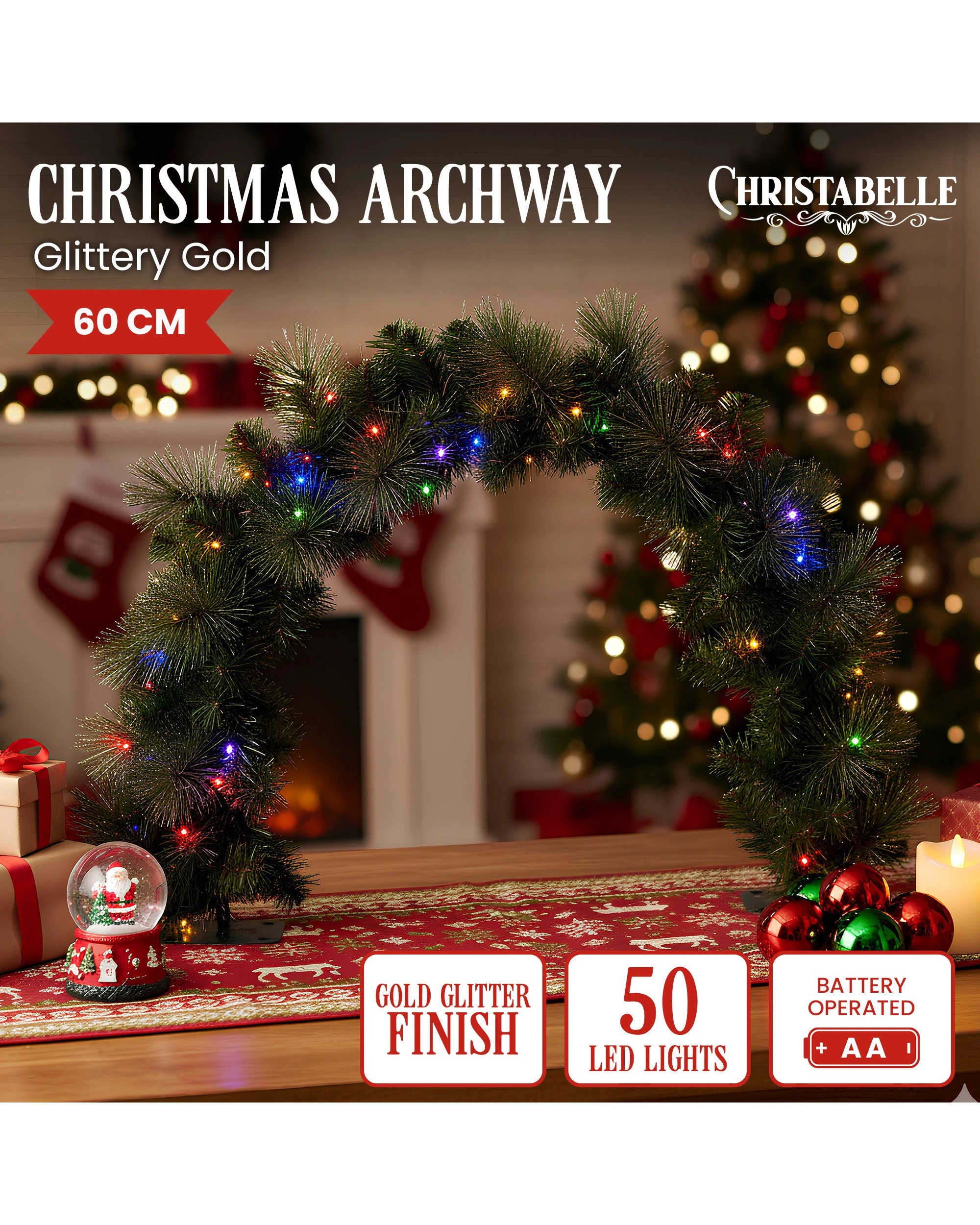 2 Christabelle 60cm Tabletop Christmas Archway Garland With Led Lights Gold Mantle Decoration Ornament, 2 of 7