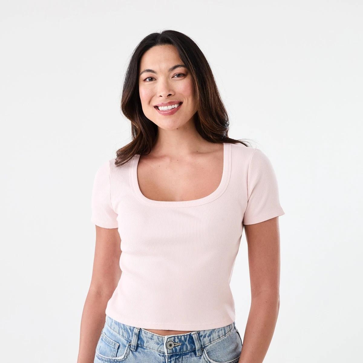 1 Short Sleeve Rib Square Neck T-shirt Soft Pink, 1 of 5