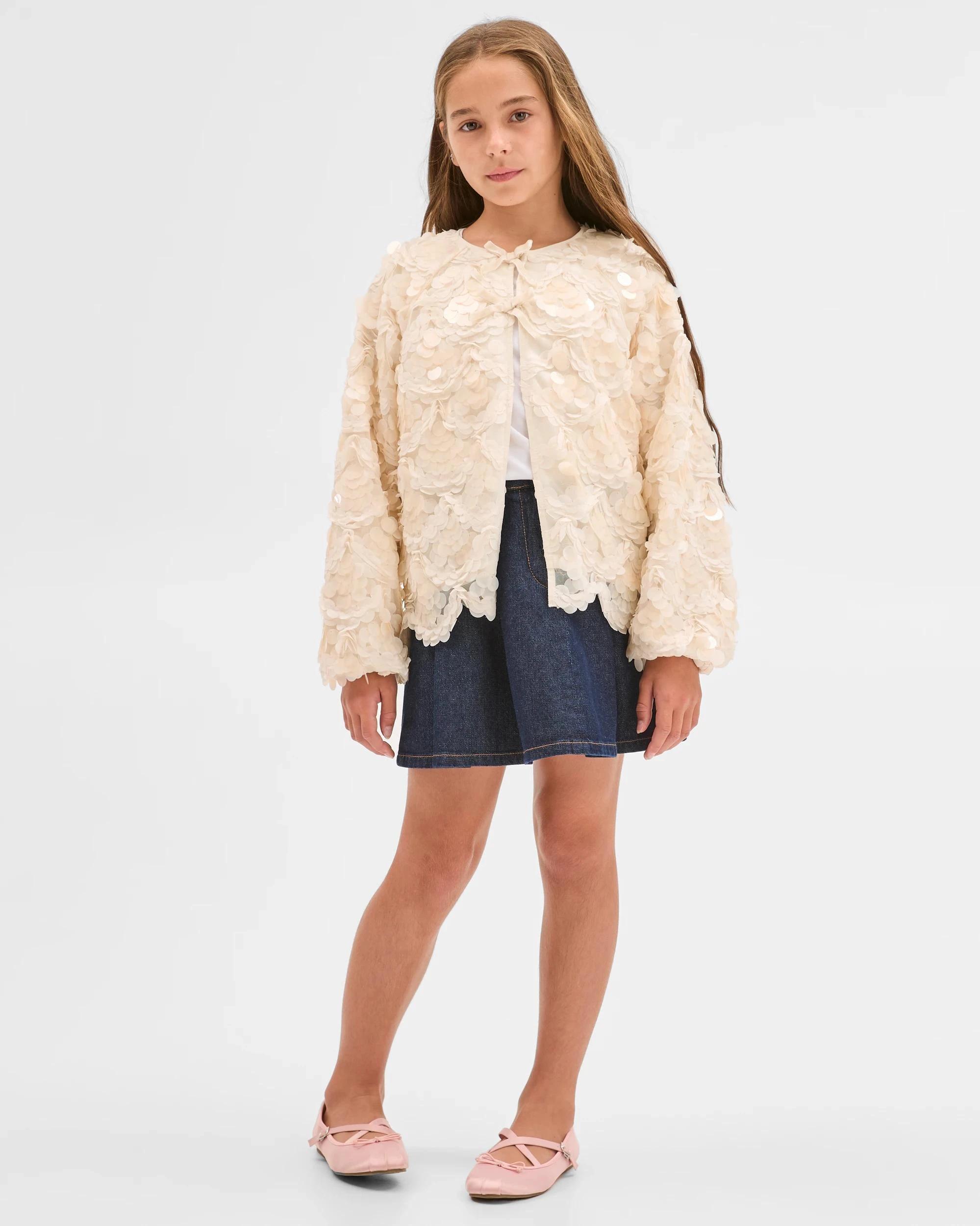2 Target Kids Sequin Lightweight Tie Front Occasion Jacket CREAM, 2 of 7