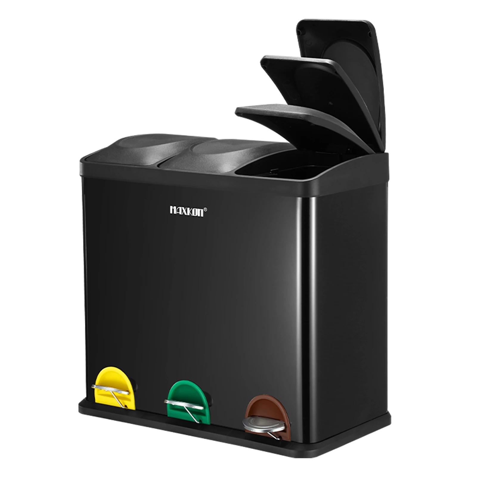 6 Maxkon 54L Rubbish Bin Triple Compartment Pedal Recycling Kitchen Waste Garbage Household Stepbin Coated Steel Black, 6 of 6