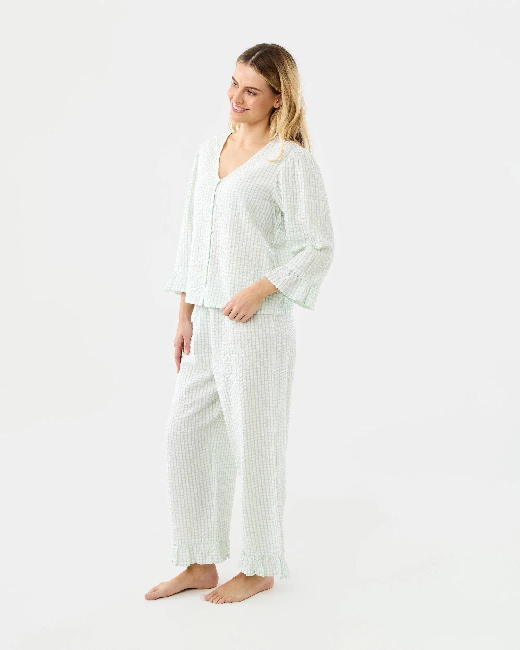 2 Yarn Dyed Cotton Seersucker Woven Frill Pyjama Set Gingham, 2 of 9