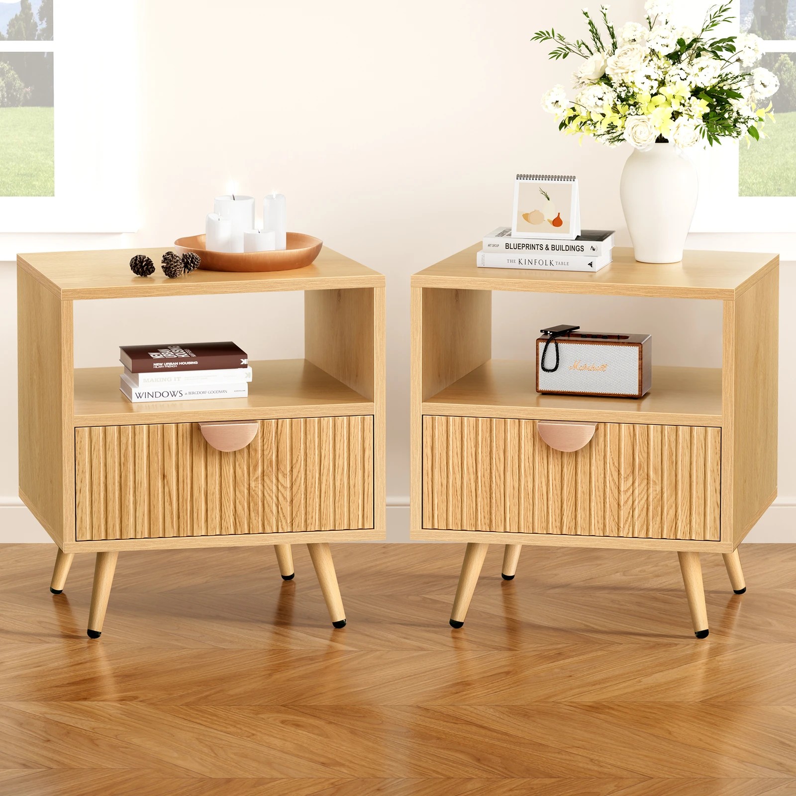 2 Alfordson 2x Bedside Table 1 Drawer Side Storage Shelf Nightstand - Oak, 2 of 10