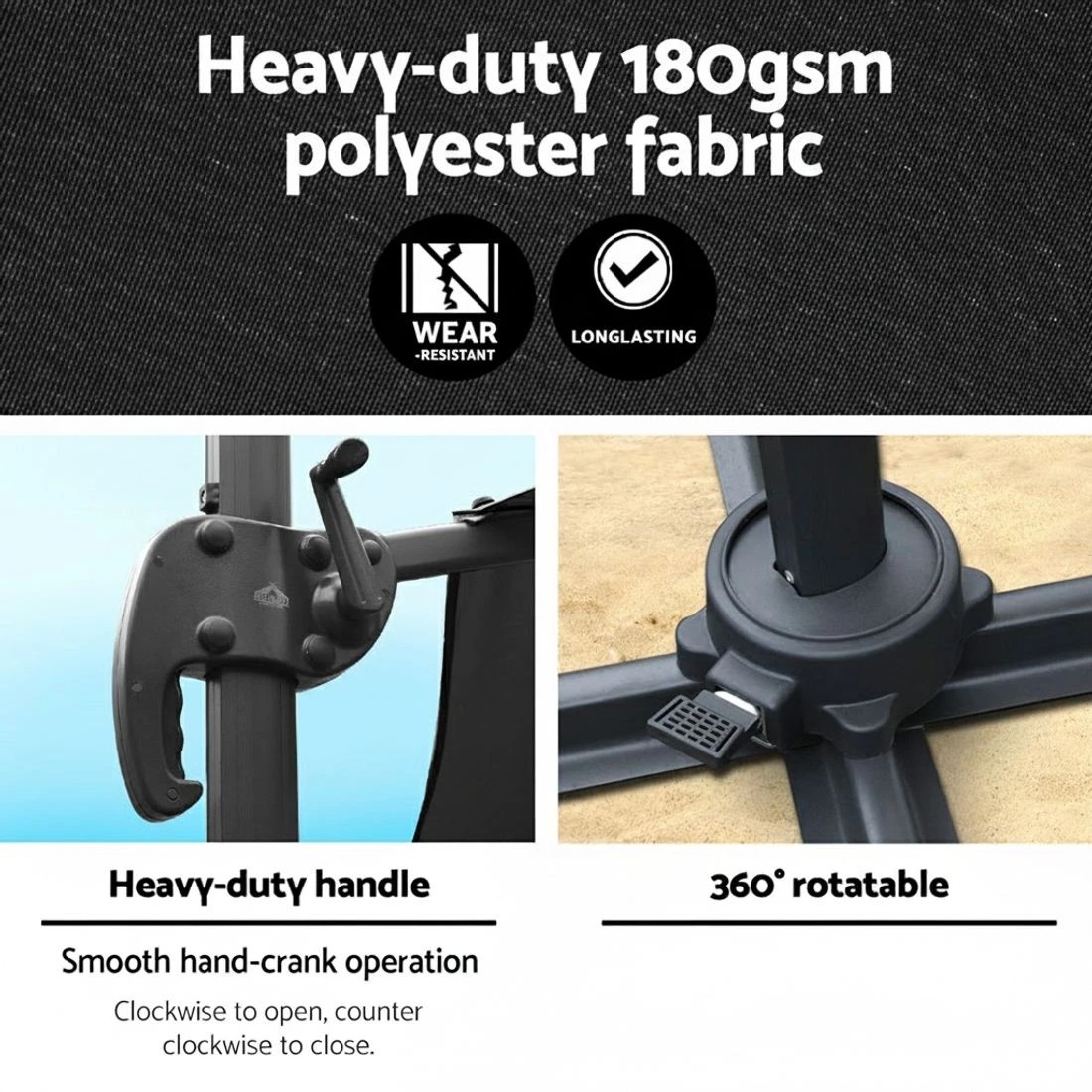 4 Instahut 3m Outdoor Umbrella Cantilever 360 Degree Tilt Beach Roma - Black, 4 of 4