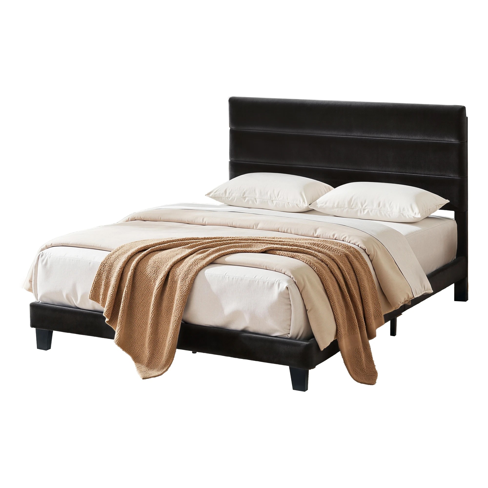 1 Artiss Queen Bed Frame Upholste Platform Base with Geometric Headboard - Black, 1 of 2
