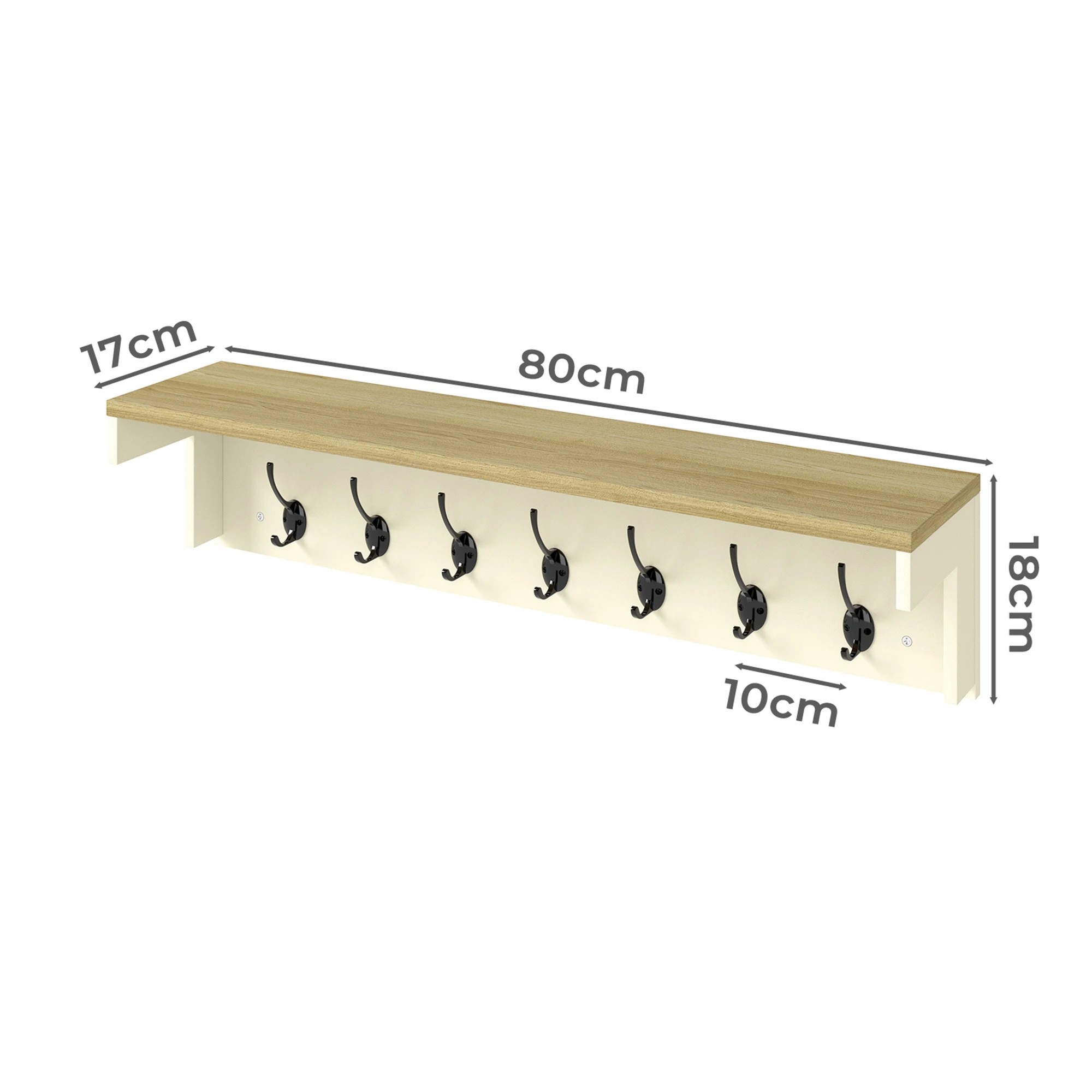 3 Levede Coat Rack Wall Mounted Shelf 7 Double Hooks Cream, 3 of 9