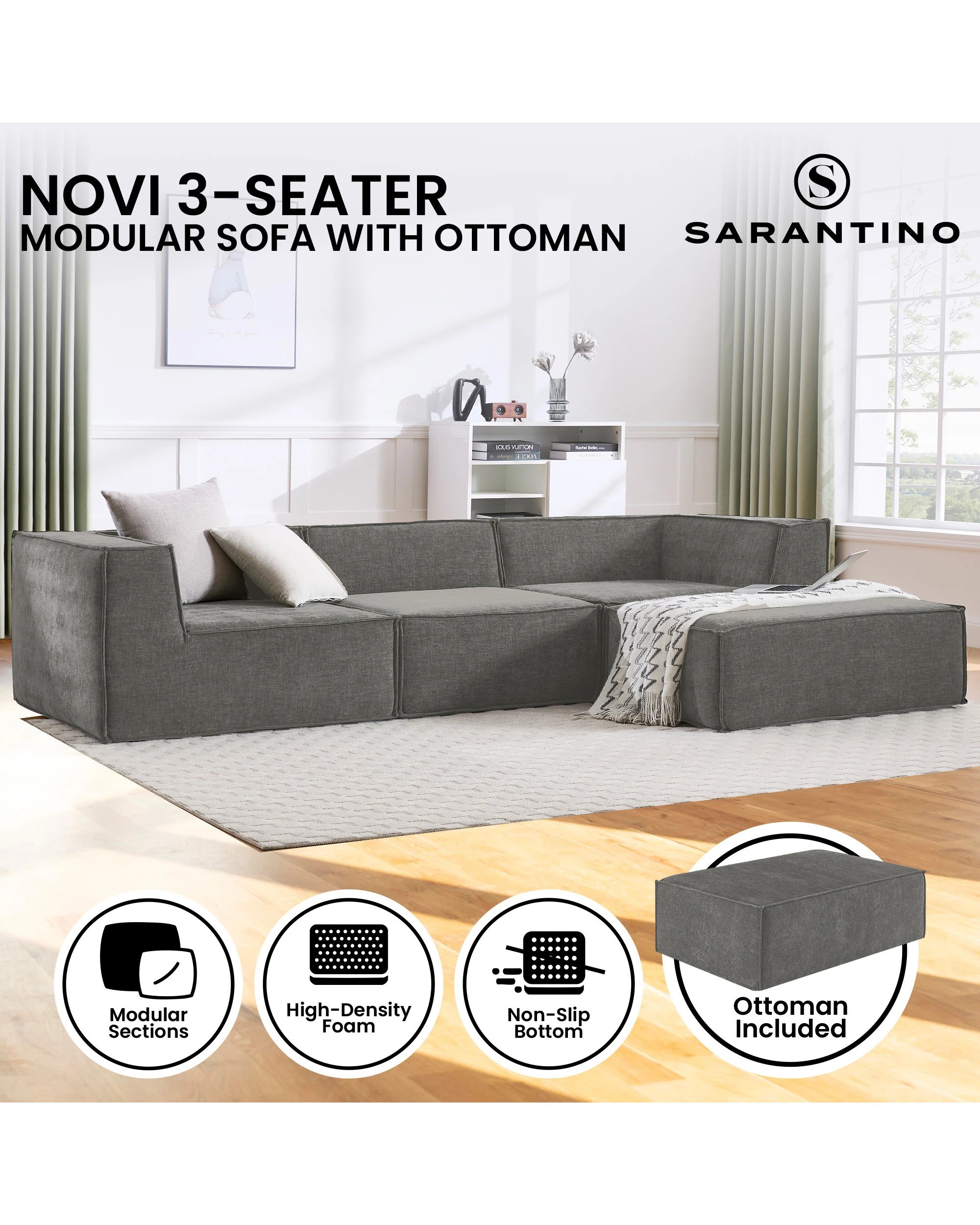 2 Sarantino Novi 3-Seater Modular Sofa with Ottoman, Grey, Non-Slip Bottom - Grey, 2 of 9