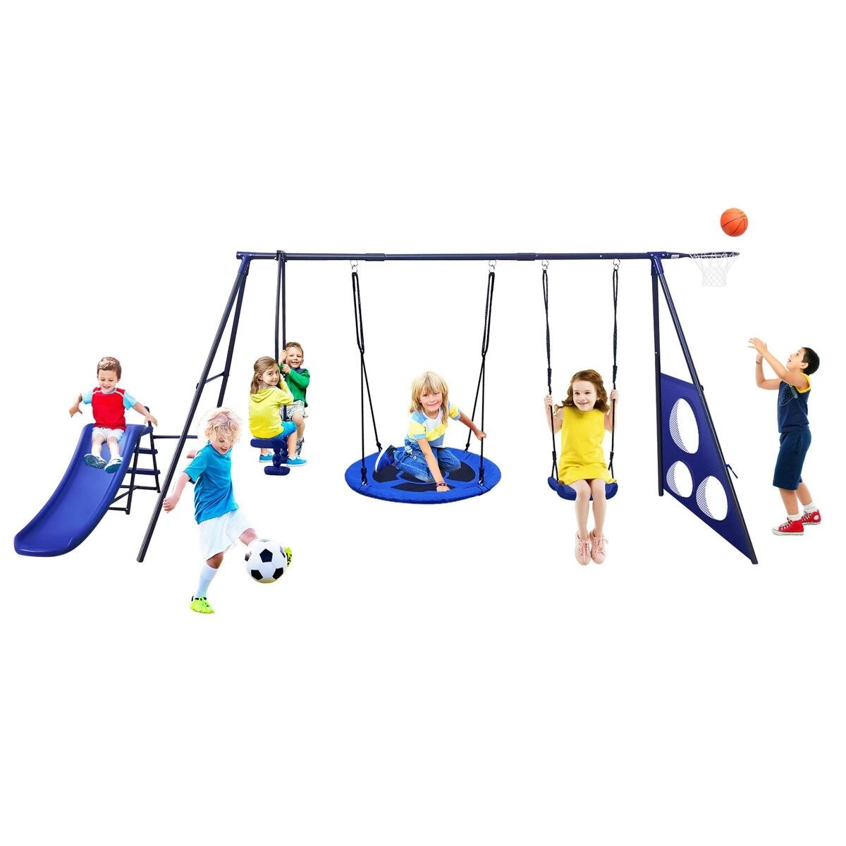 4 AUSWAY Swing Set With Slide Seesaw Basketball Hoop, 4 of 4