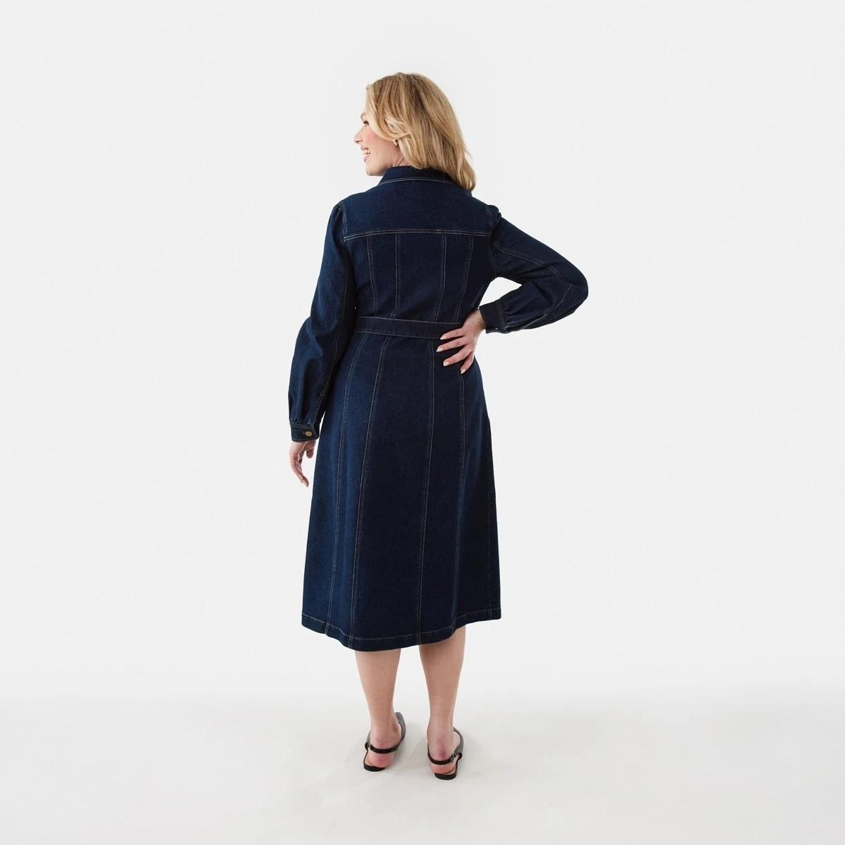 3 Long Sleeve Belted Denim Midi Dress Indigo, 3 of 10