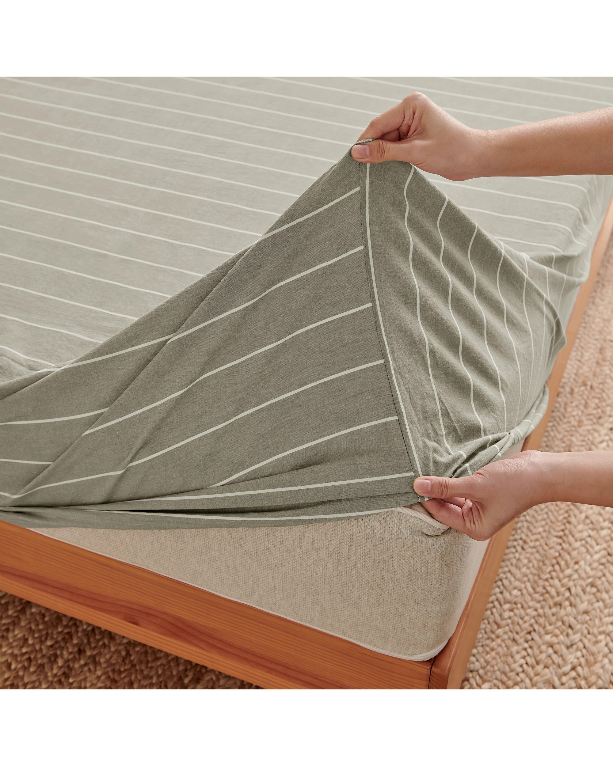 4 Dreamaker Rumi Stripe Washed Cotton Sheet Set - Double Bed - Olive with White, 4 of 7