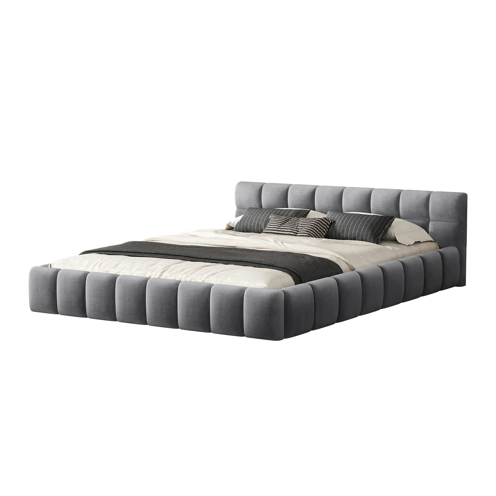 1 Alfordson Bed Frame Double Size Tufted Headboard Foundation Velvet Talmon - Grey, 1 of 10