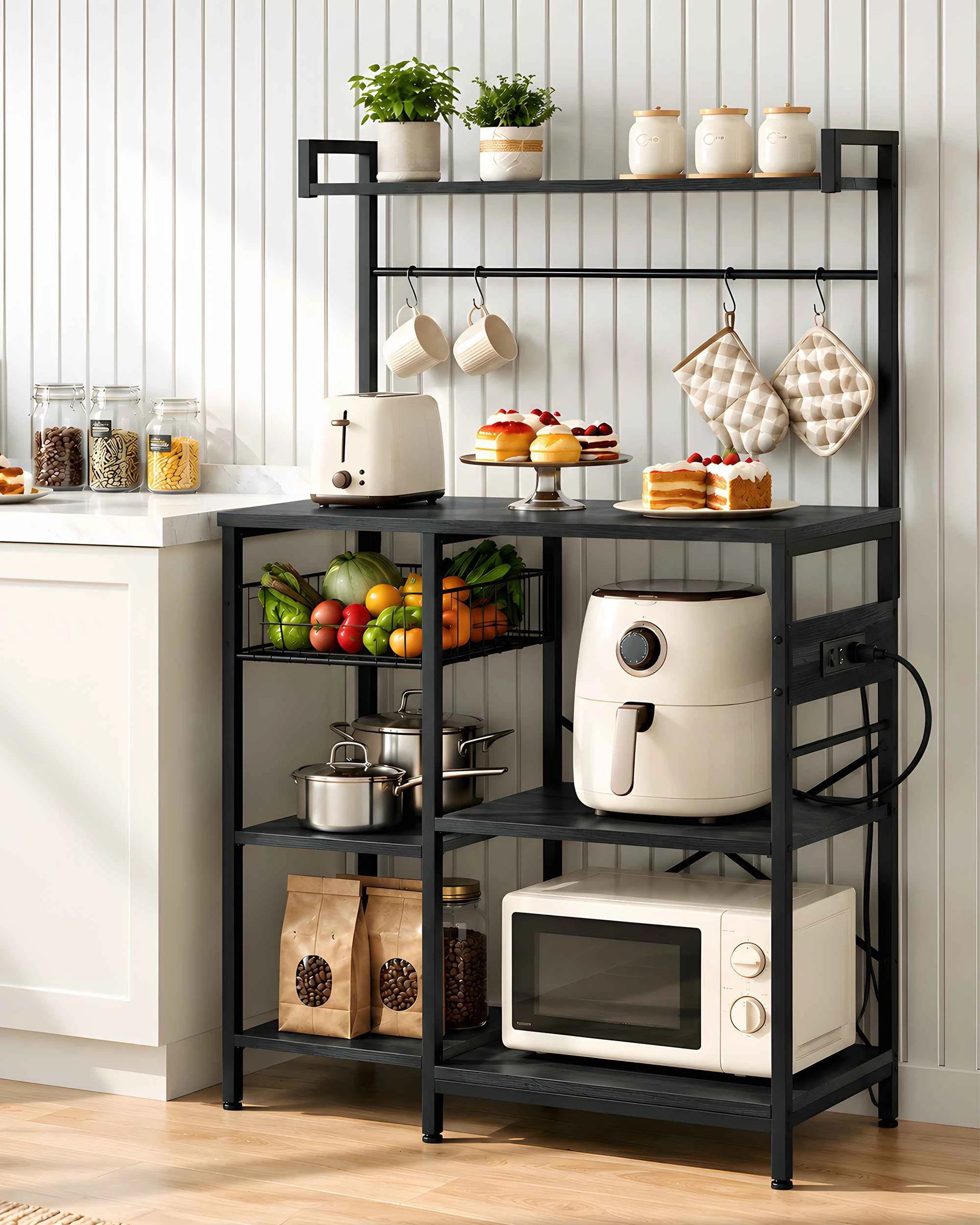 10 ZUNI Kitchen Bakers Rack Multi-Purpose Shelf Coffee Bar Table w/ Power outlets - Black, 10 of 10