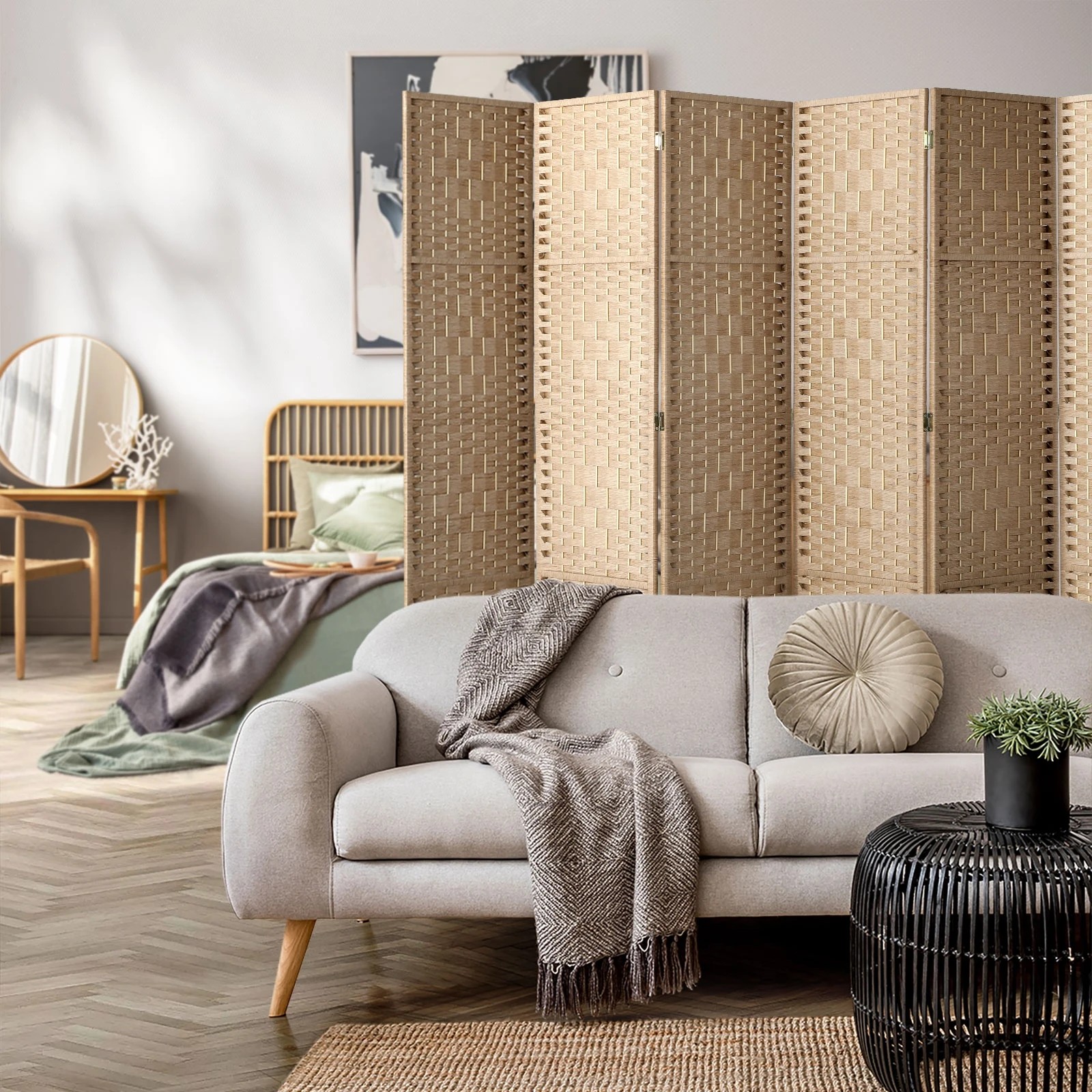 4 Oikiture 6 Panel Room Divider Screen Privacy Dividers - Natural, 4 of 10