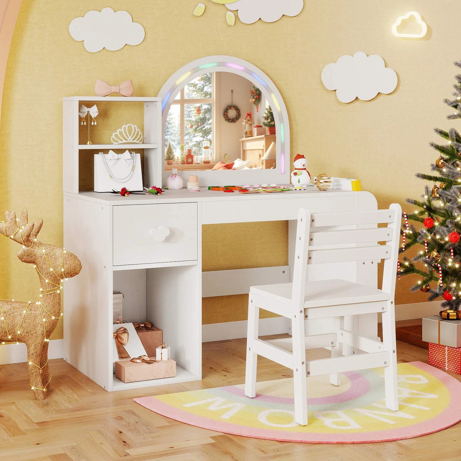 2 Costway Vanity Set Princess Makeup Dressing Table Chair Set w/Lighted Mirror - White, 2 of 2