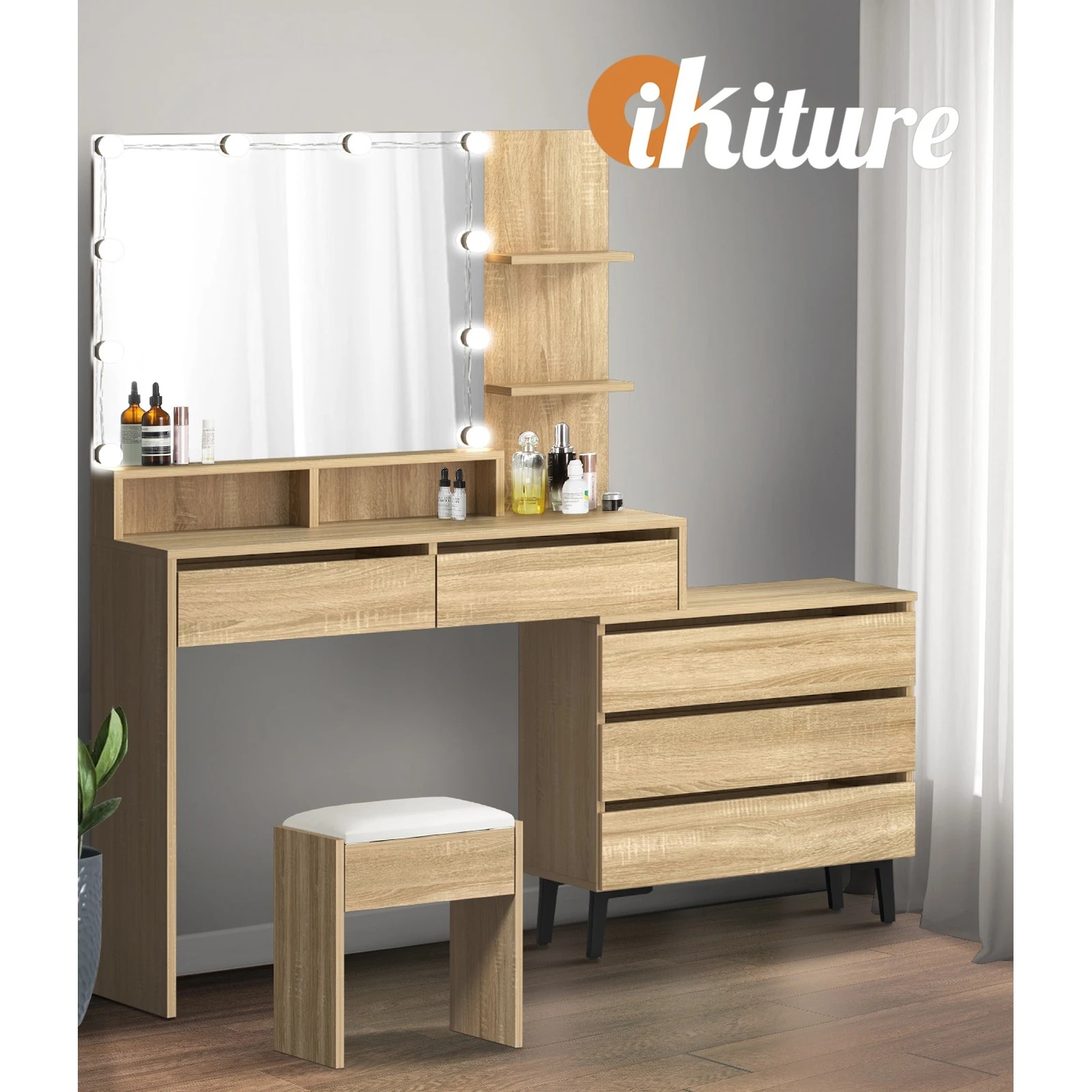 6 Oikiture Dressing Table Stool Set Makeup Mirror 10 Led Bulbs Cabinet
 - Natural, 6 of 9