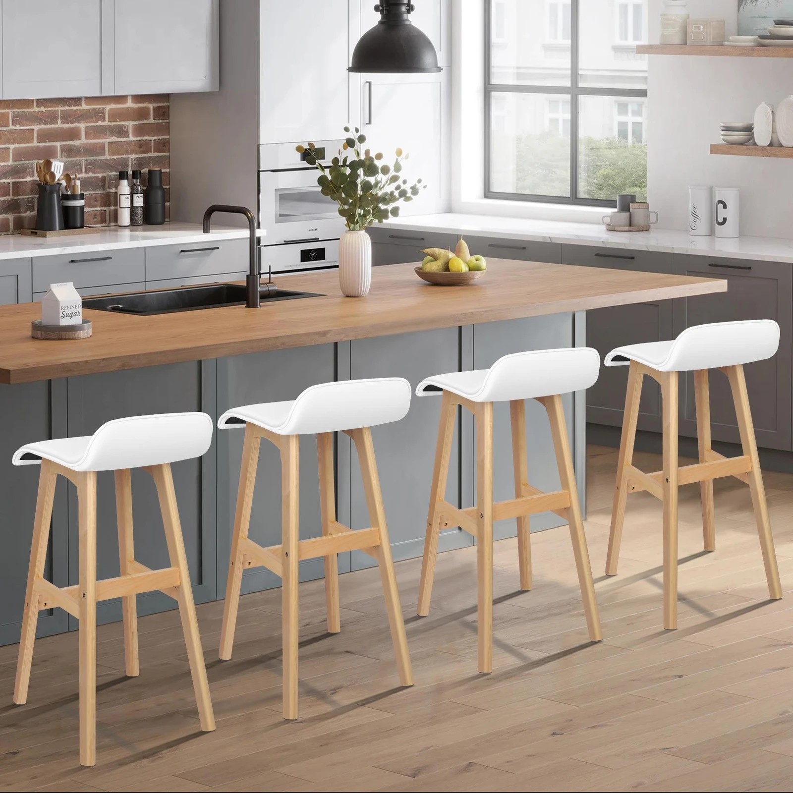 3 Alfordson 2x Wooden Bar Stools Kitchen Dining Chair Leather Samuel - White, 3 of 10