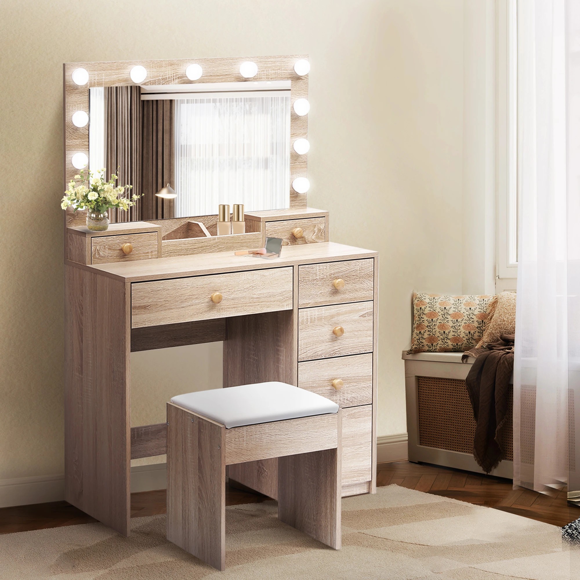 7 Levede Led Mirrordressing Table Set-natural, 7 of 9