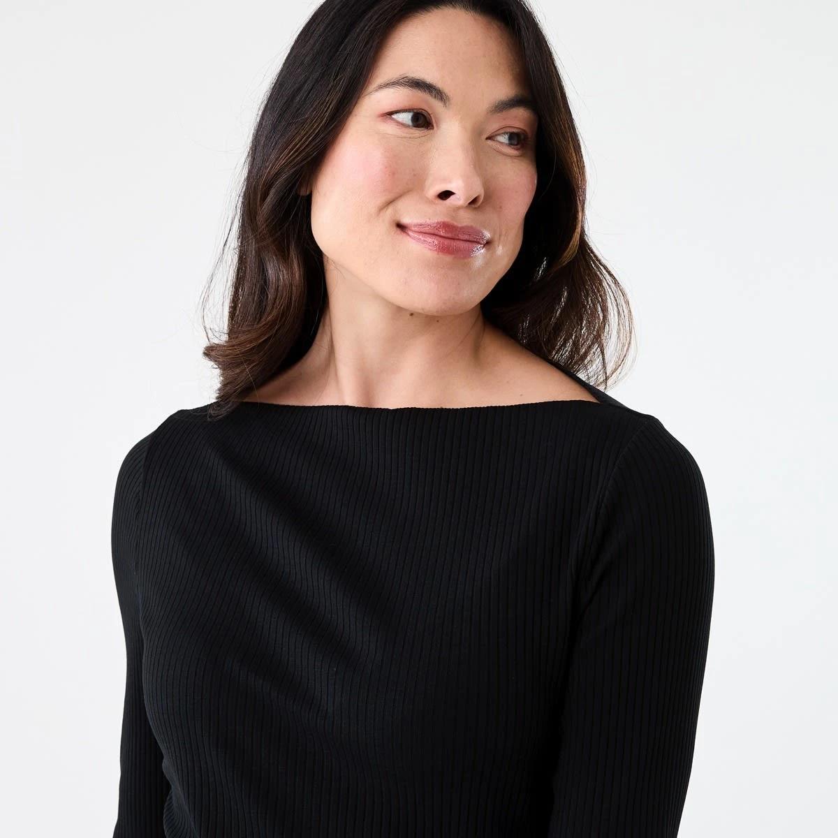 4 Long Sleeve Rib Boat Neck Top Black, 4 of 5