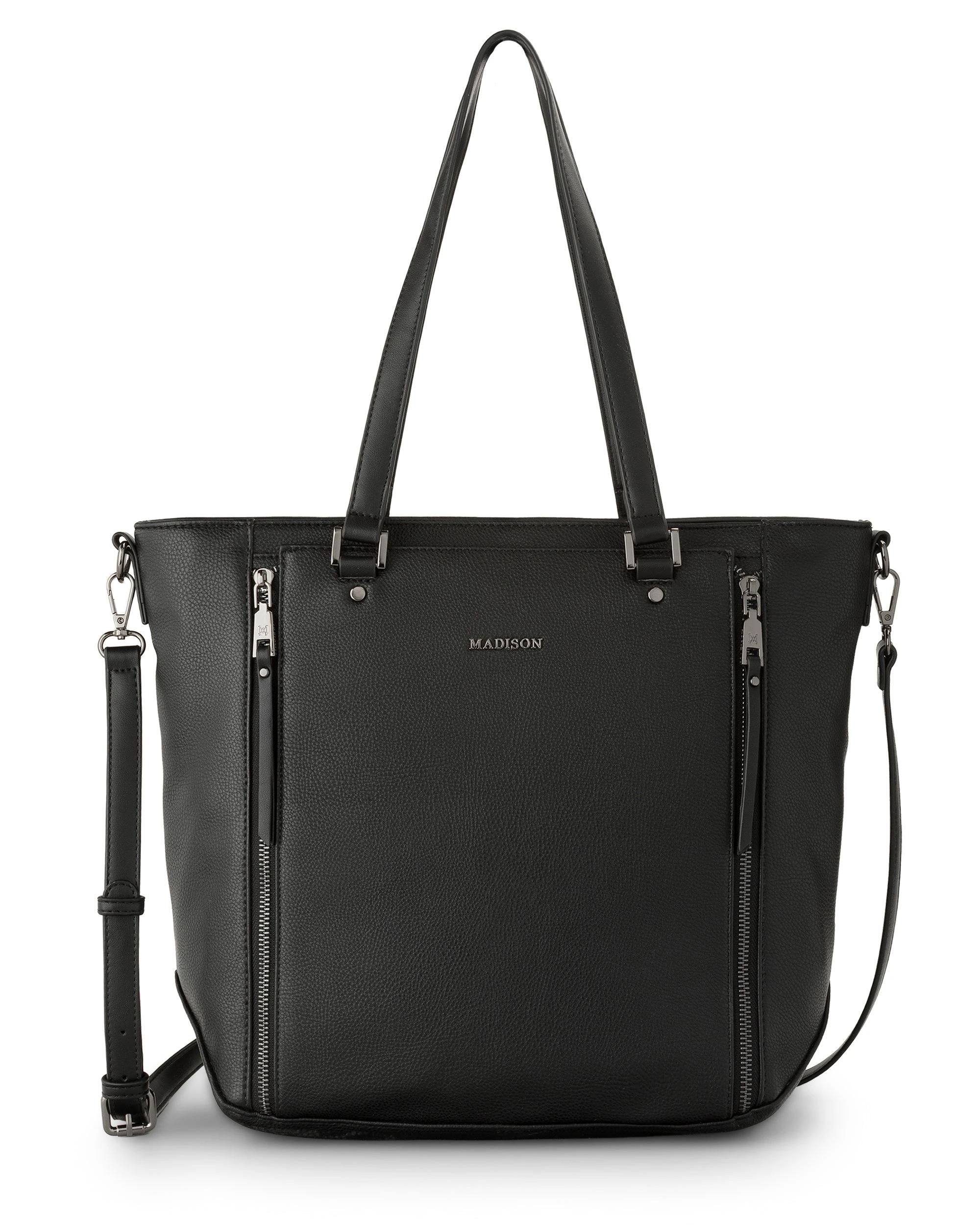 1 Madison Accessories Amelia Large Zip Detail Tote BLACK GUNMETAL, 1 of 8
