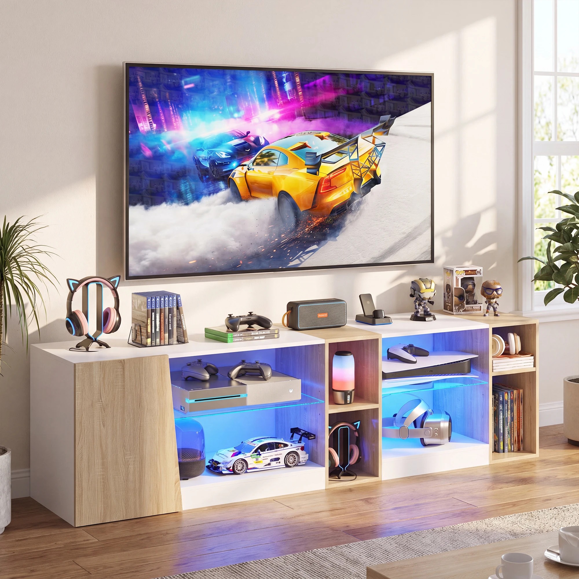 9 Advwin 160cm LED TV Unit Cabinet Gaming Entertainment Center w/ Adjustable Glass Shelves & Cabinet White, 9 of 9